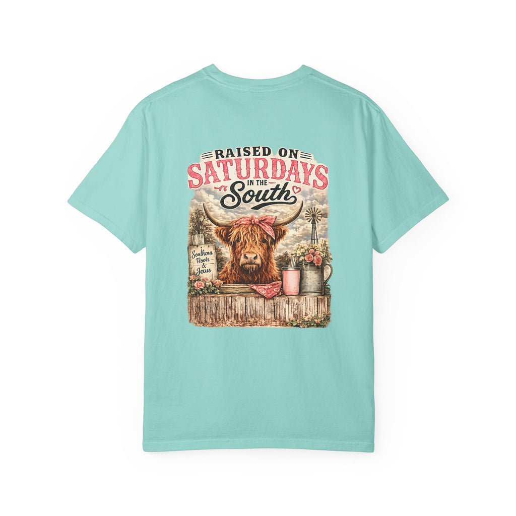 Raised On Saturdays In The South T-Shirt — Rustic Highland Cow
