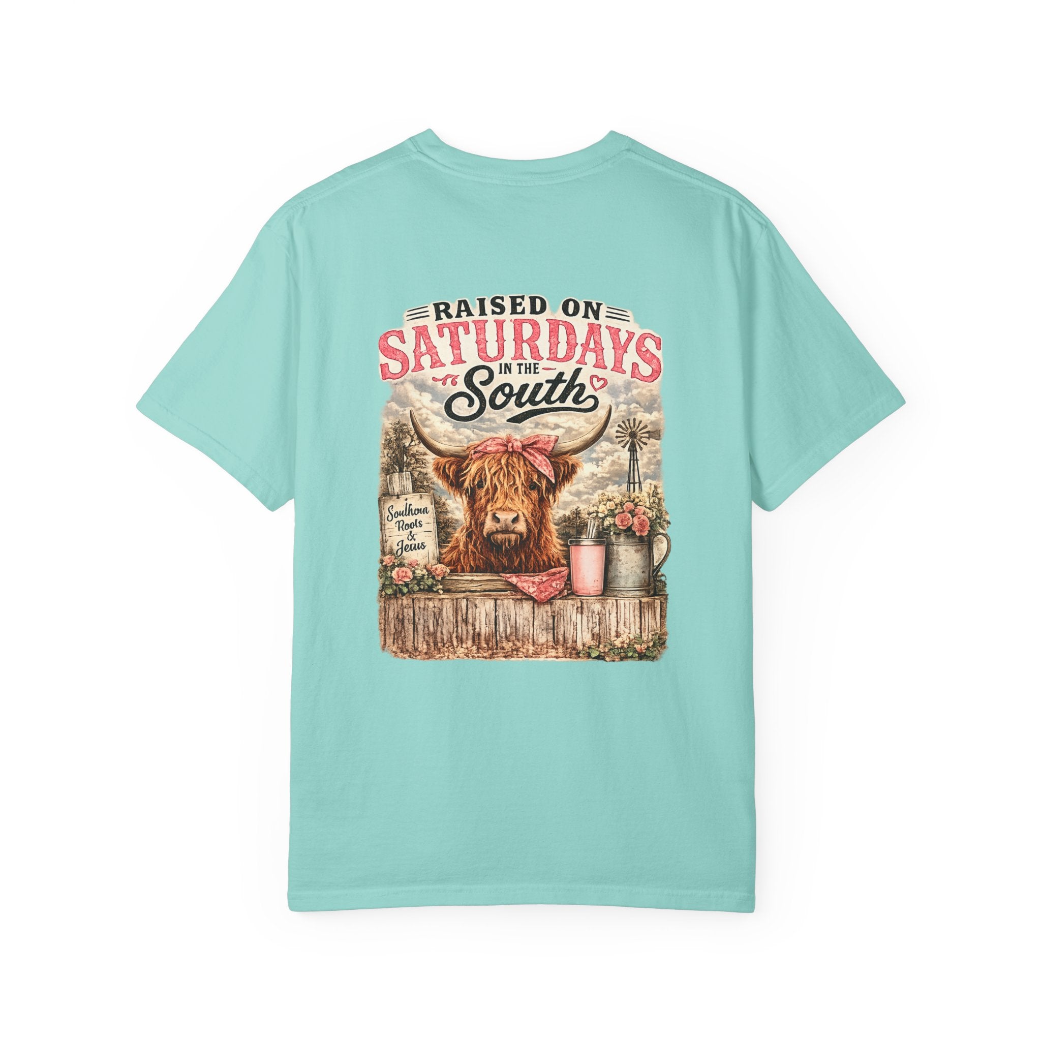 Raised On Saturdays In The South T-Shirt — Rustic Highland Cow