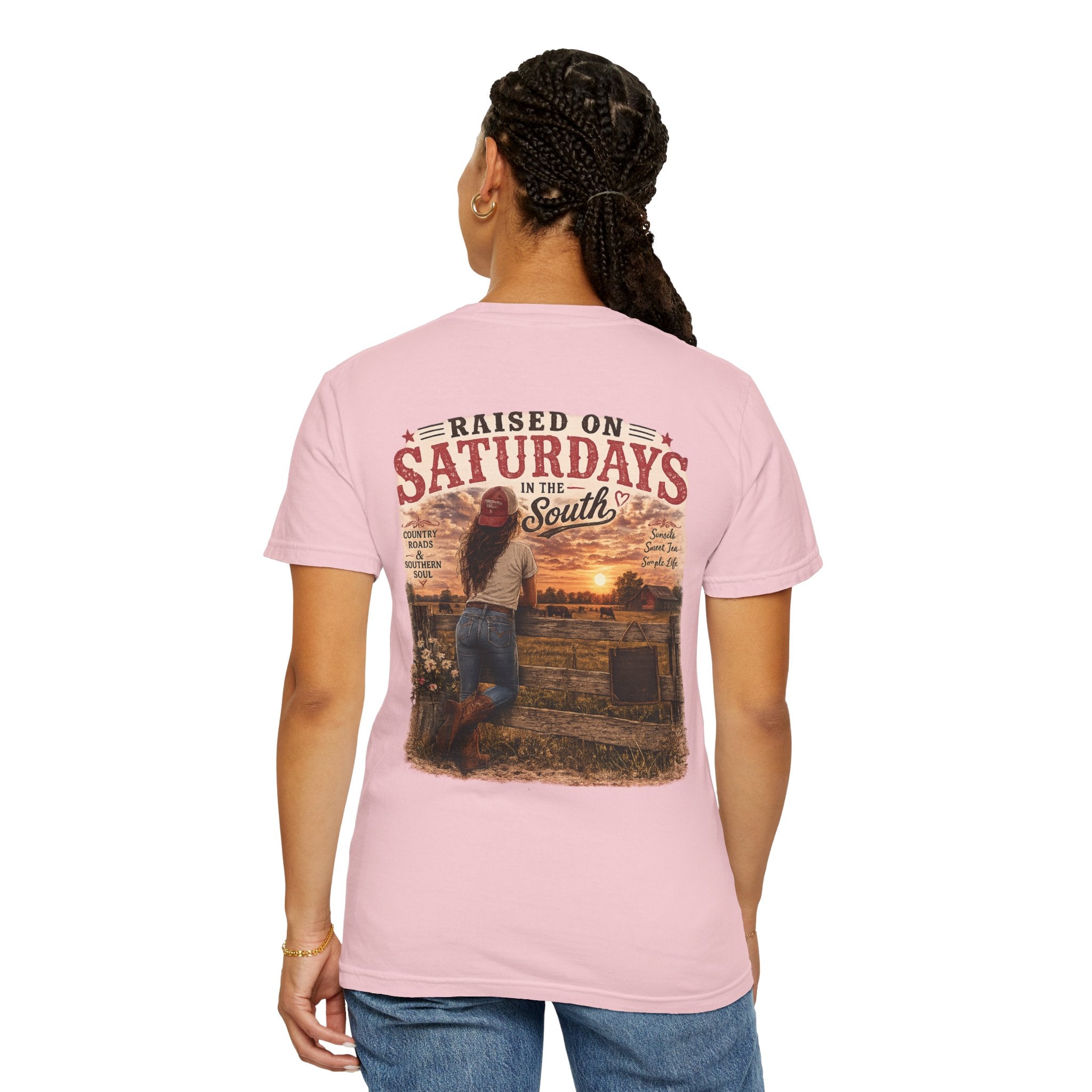 Raised On Saturdays In The South T-Shirt — Country Farm Girl Sunset