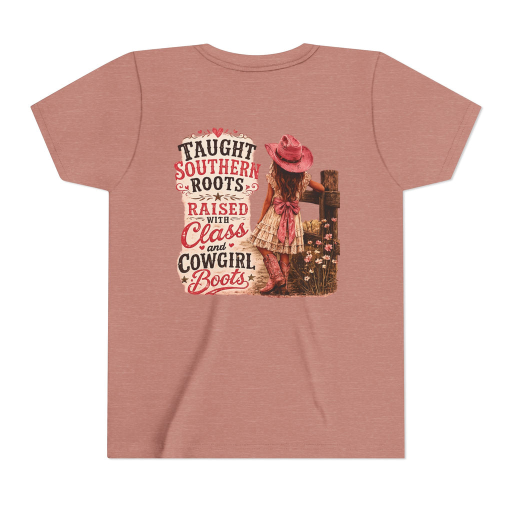 “Taught Southern Roots, Raised with Class and Cowgirl Boots” T-shirt