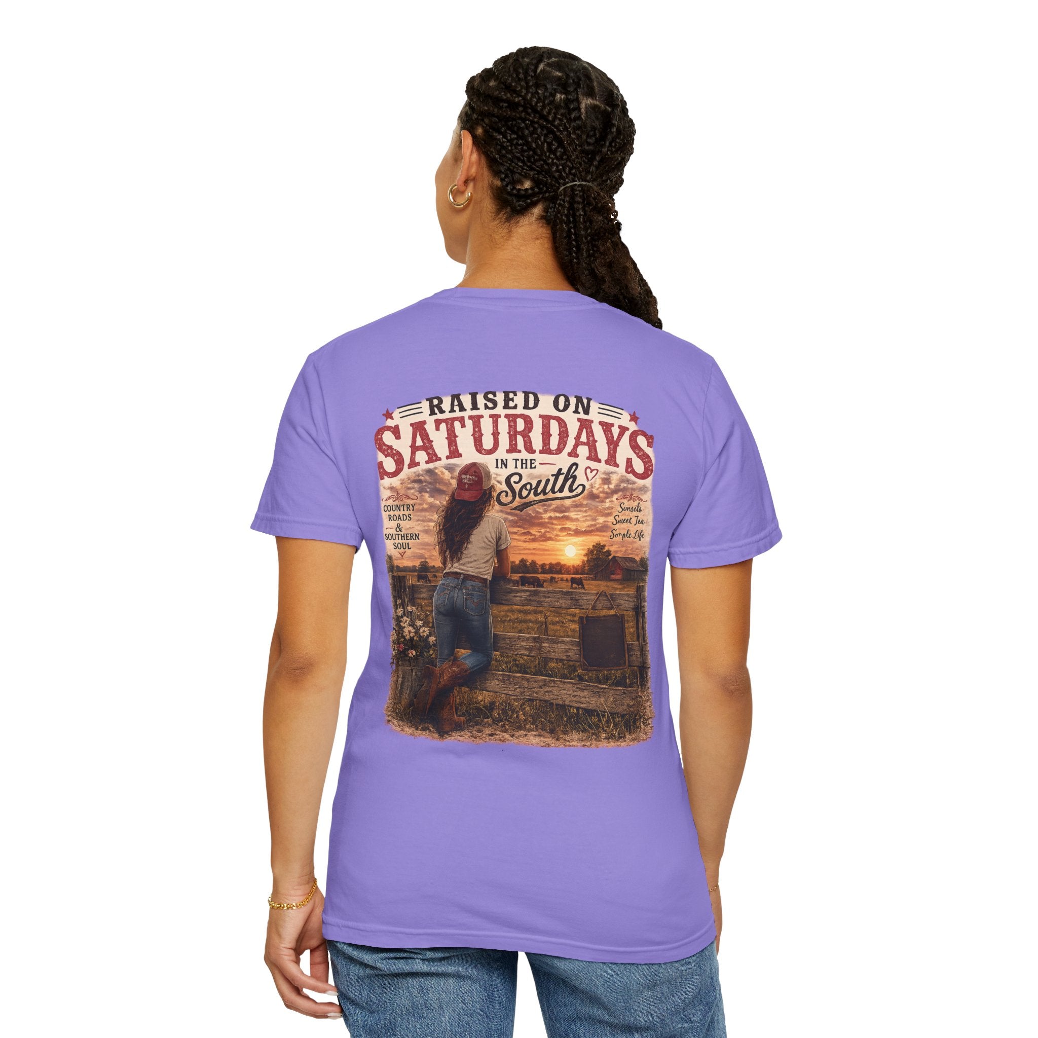 Raised On Saturdays In The South T-Shirt — Country Farm Girl Sunset
