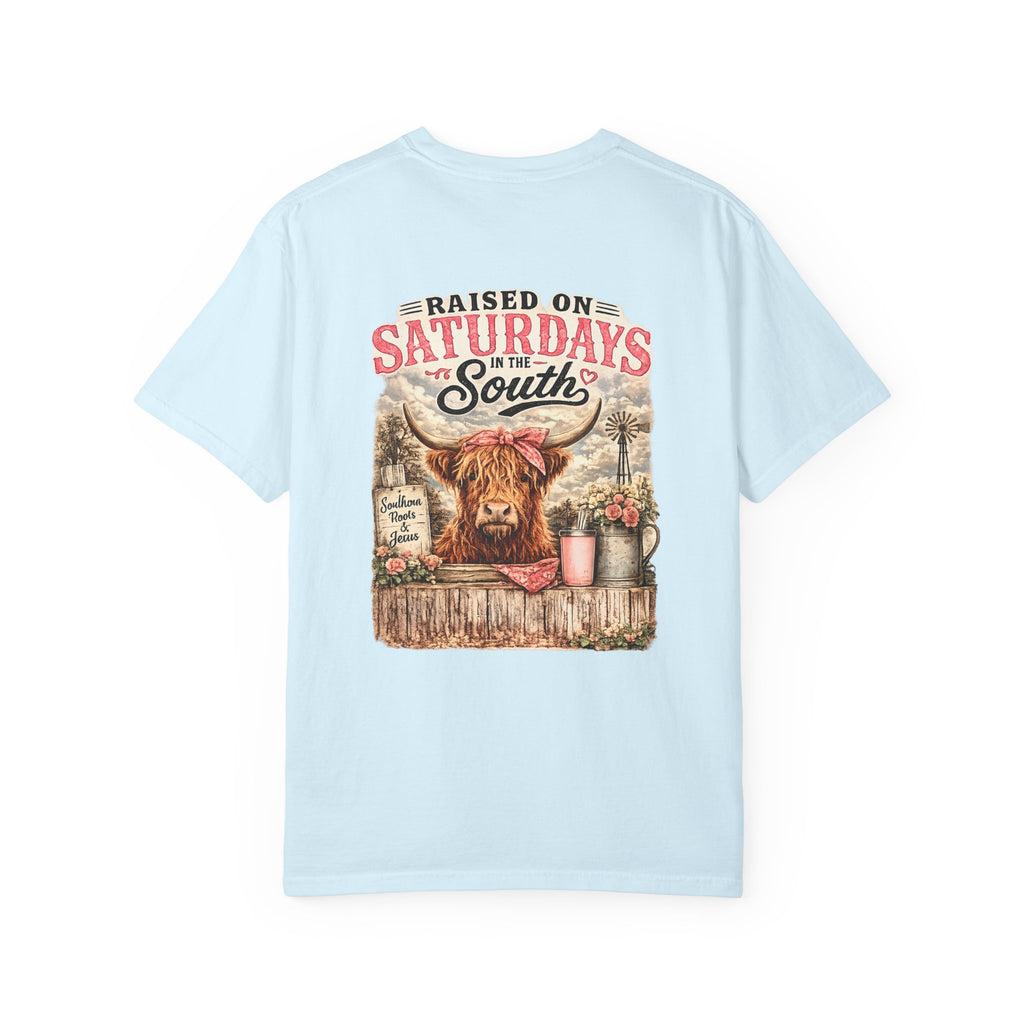Raised On Saturdays In The South T-Shirt — Rustic Highland Cow