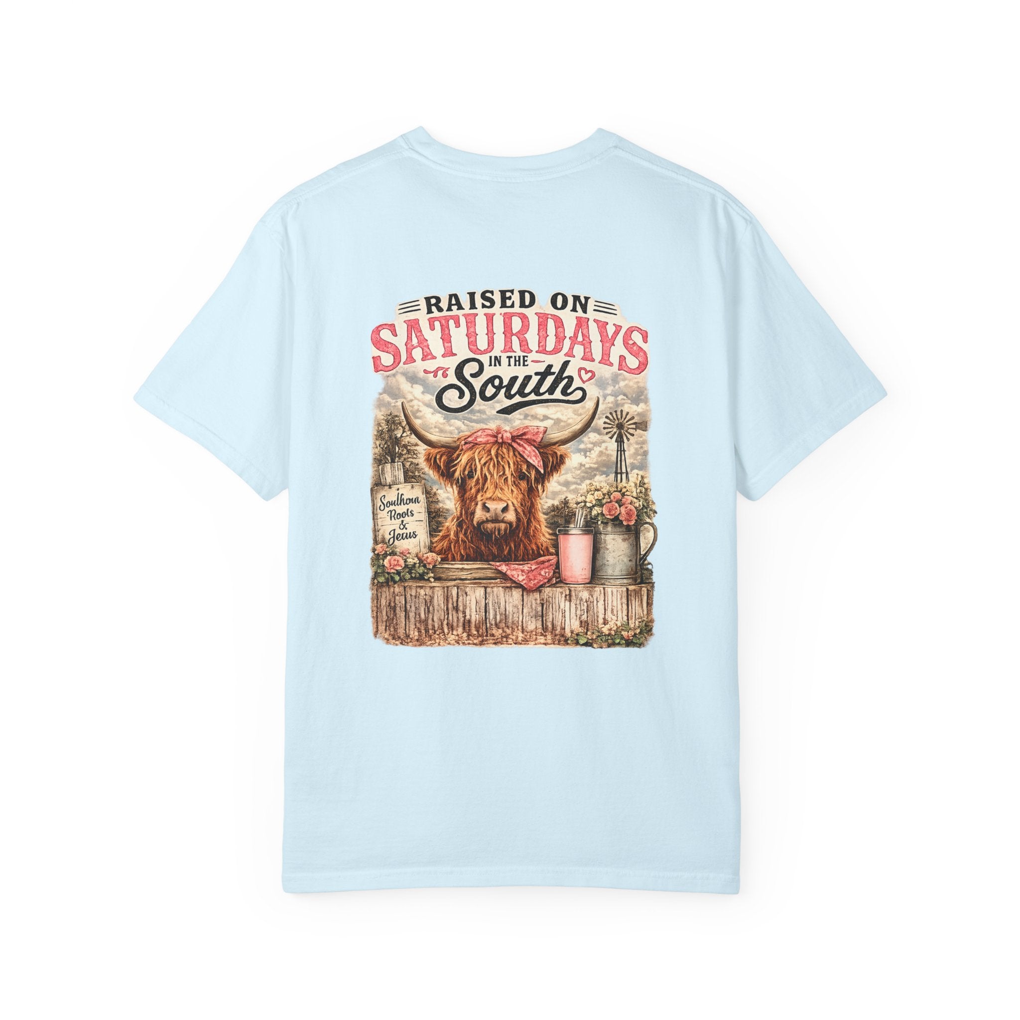 Raised On Saturdays In The South T-Shirt — Rustic Highland Cow