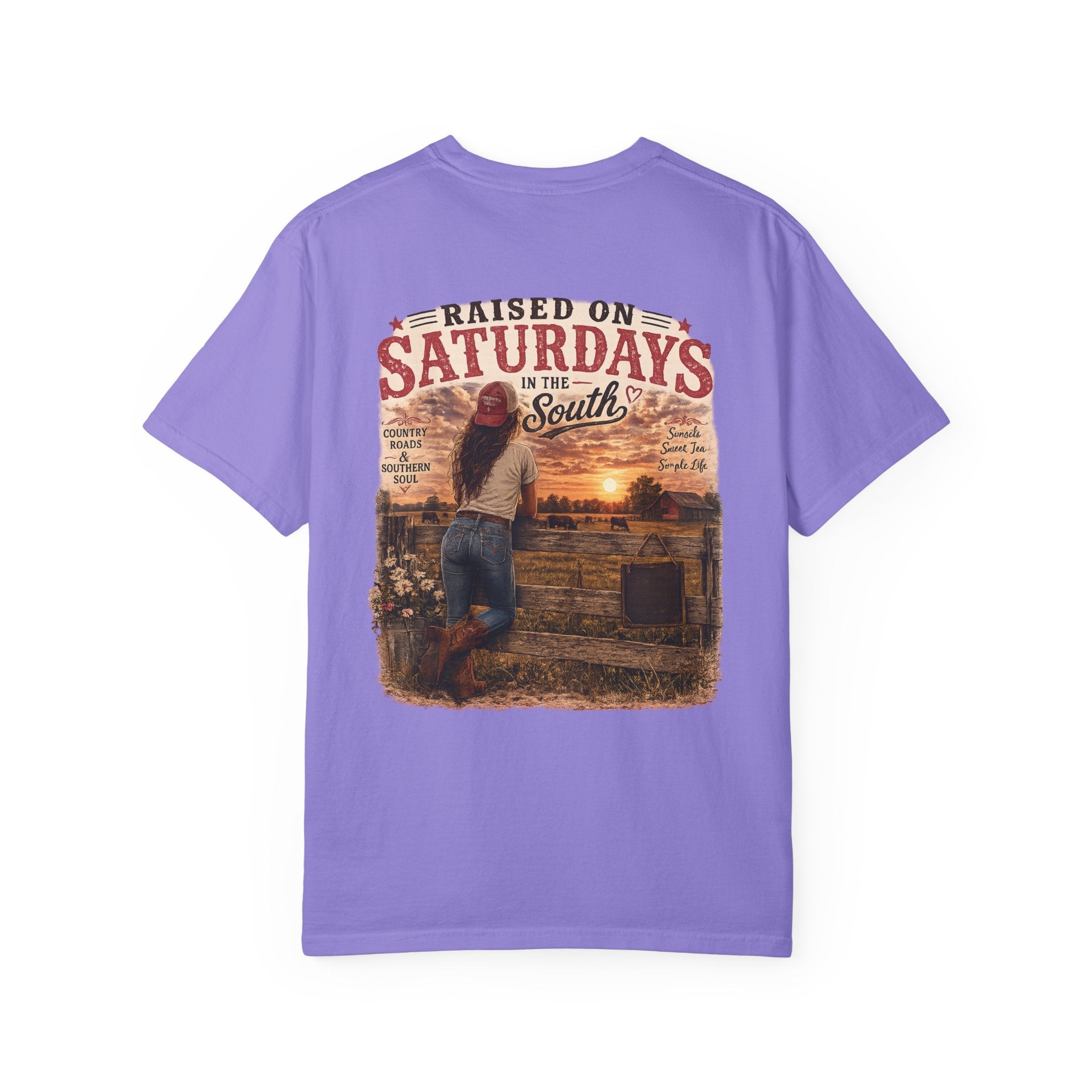 Raised On Saturdays In The South T-Shirt — Country Farm Girl Sunset