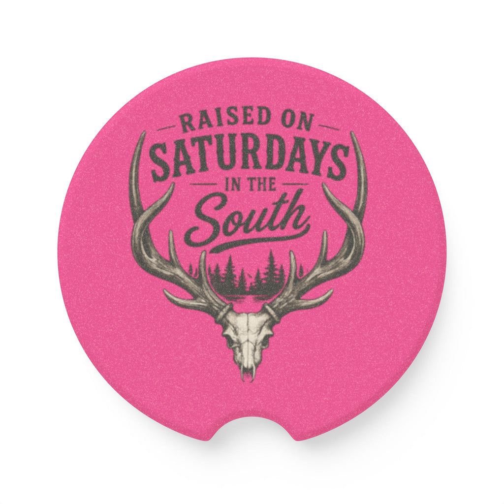 Raised On Saturdays In The South Soapstone Car Coaster — Pink Deer Skull Car Cup Holder Coaster