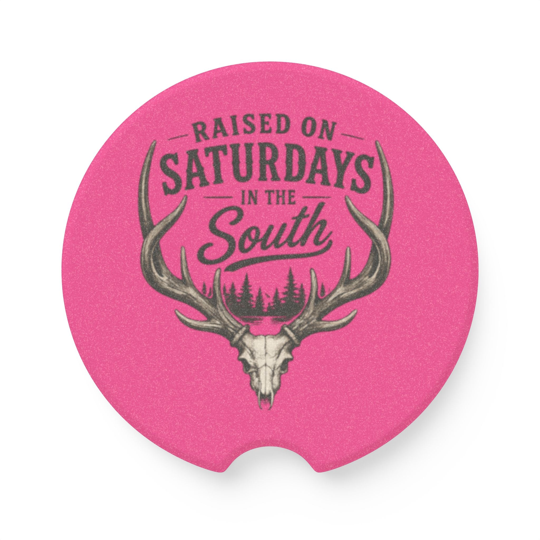 Raised On Saturdays In The South Soapstone Car Coaster — Pink Deer Skull Car Cup Holder Coaster