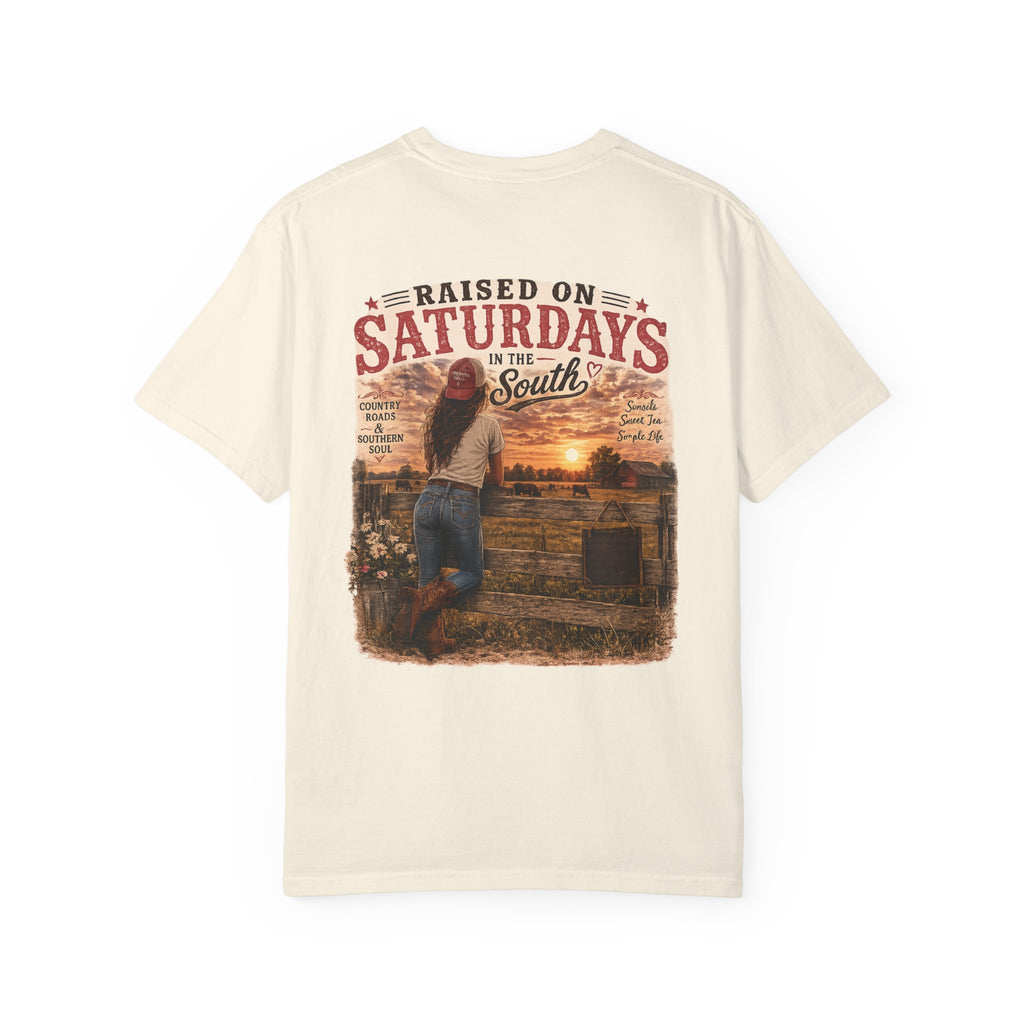Raised On Saturdays In The South T-Shirt — Country Farm Girl Sunset