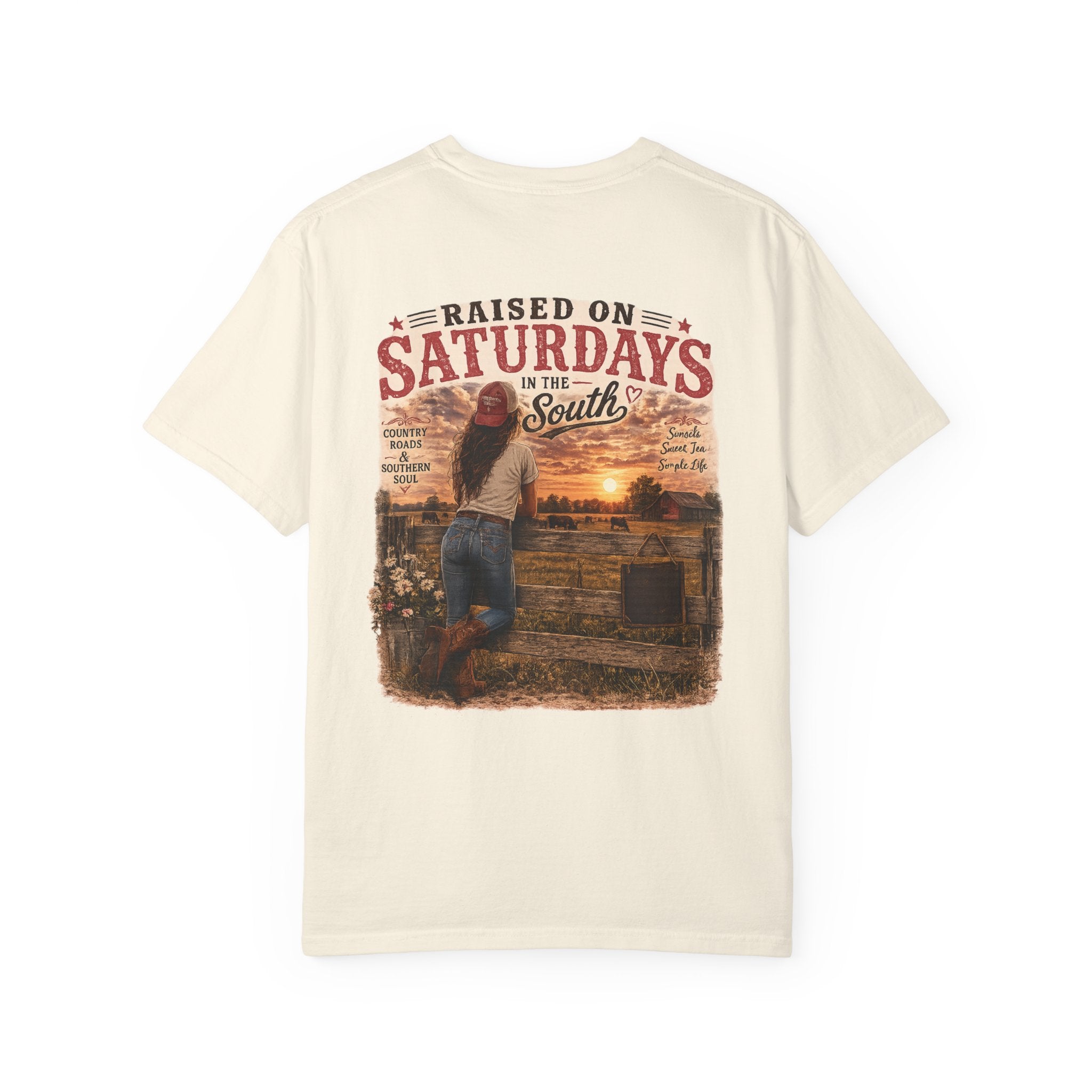 Raised On Saturdays In The South T-Shirt — Country Farm Girl Sunset
