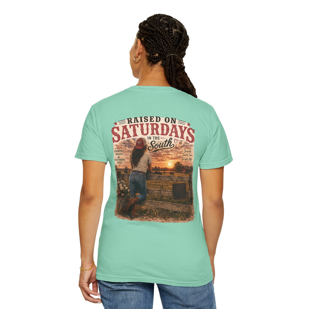 Raised On Saturdays In The South T-Shirt — Country Farm Girl Sunset