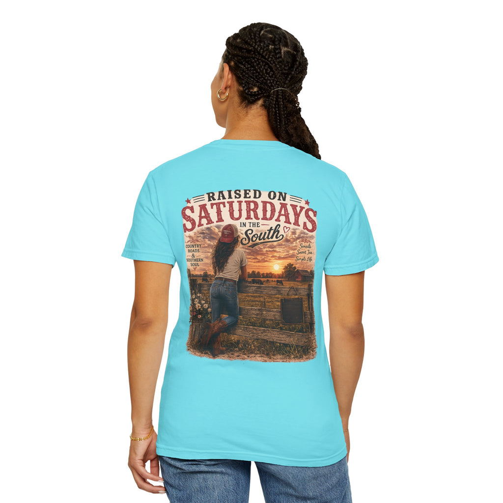 Raised On Saturdays In The South T-Shirt — Country Farm Girl Sunset
