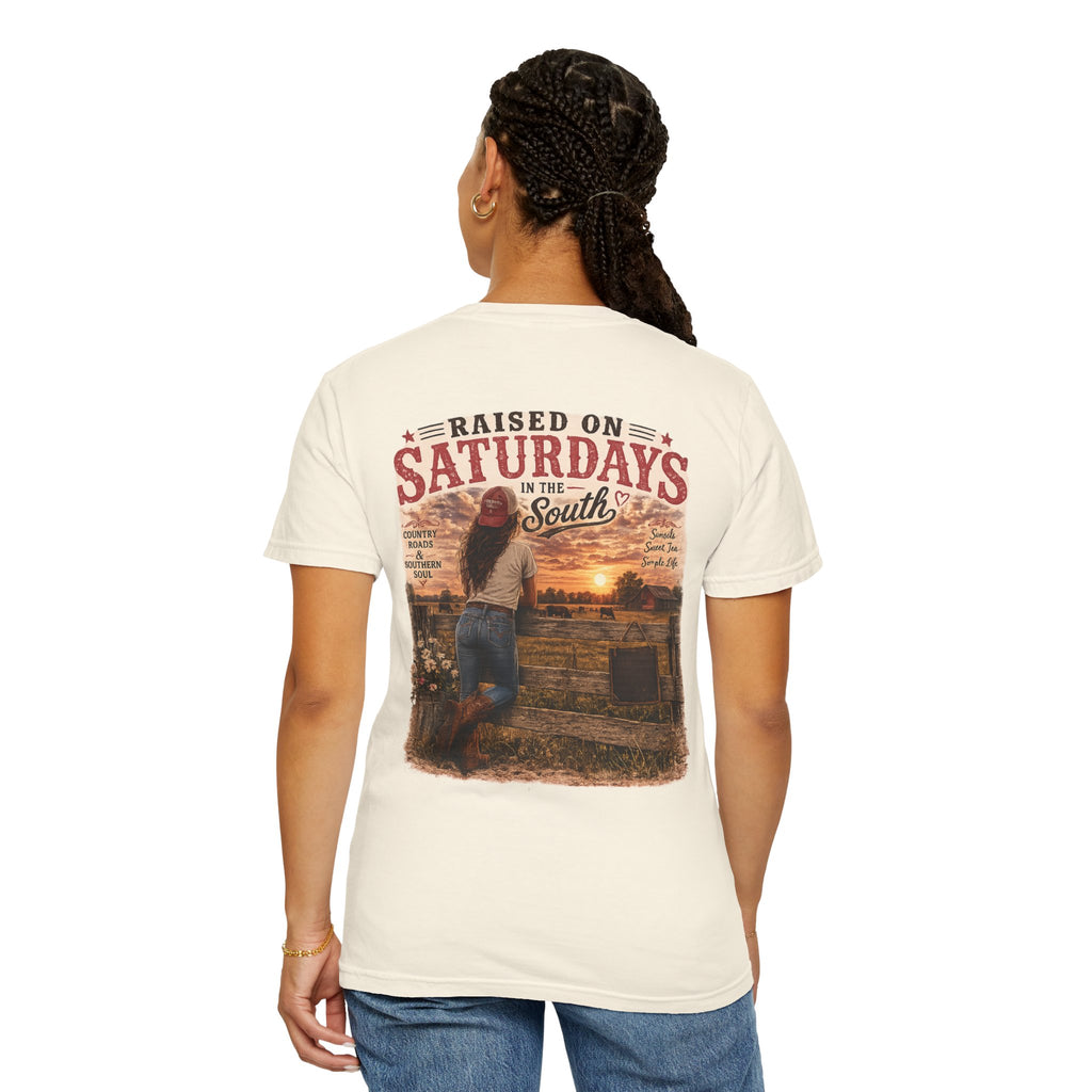 Raised On Saturdays In The South T-Shirt — Country Farm Girl Sunset