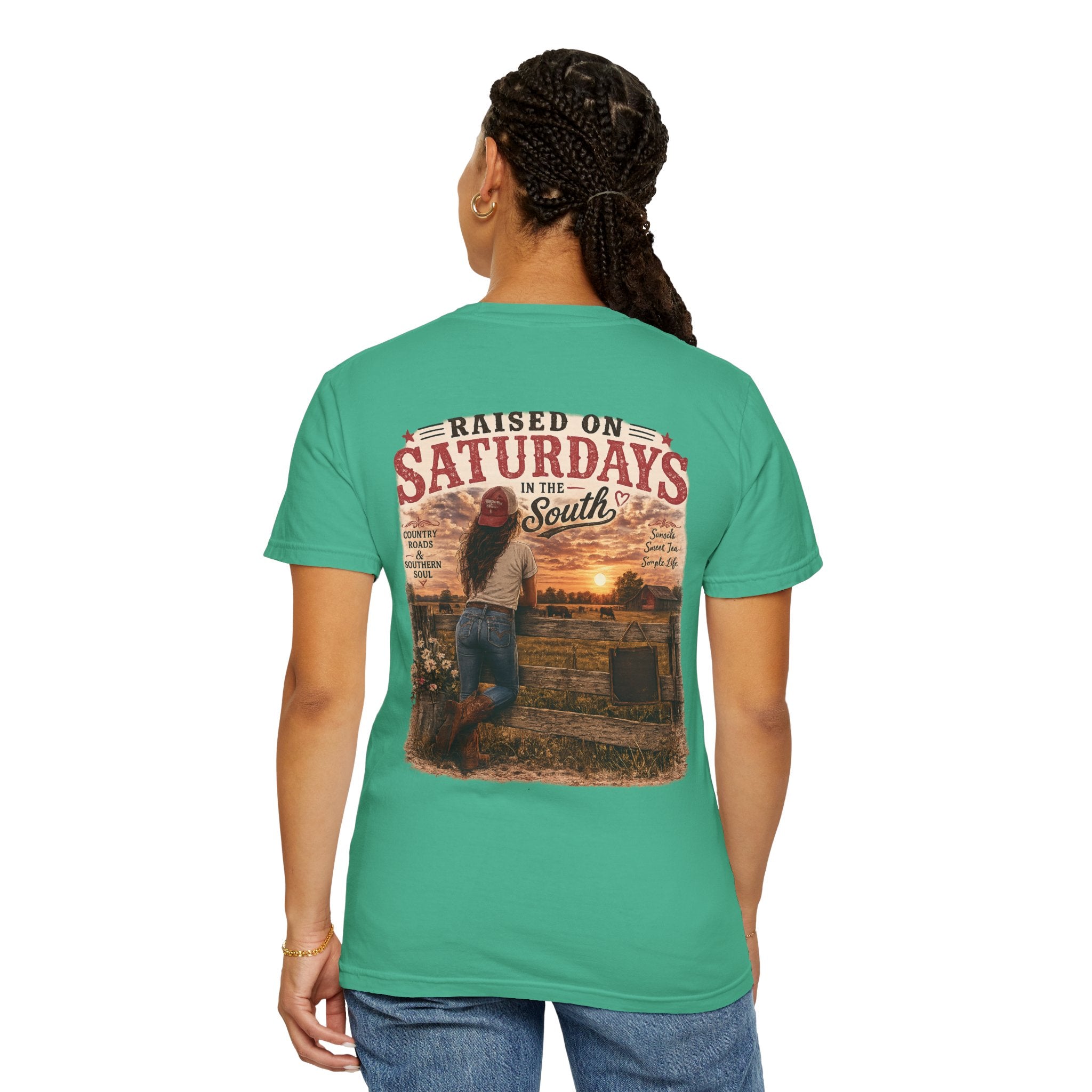 Raised On Saturdays In The South T-Shirt — Country Farm Girl Sunset