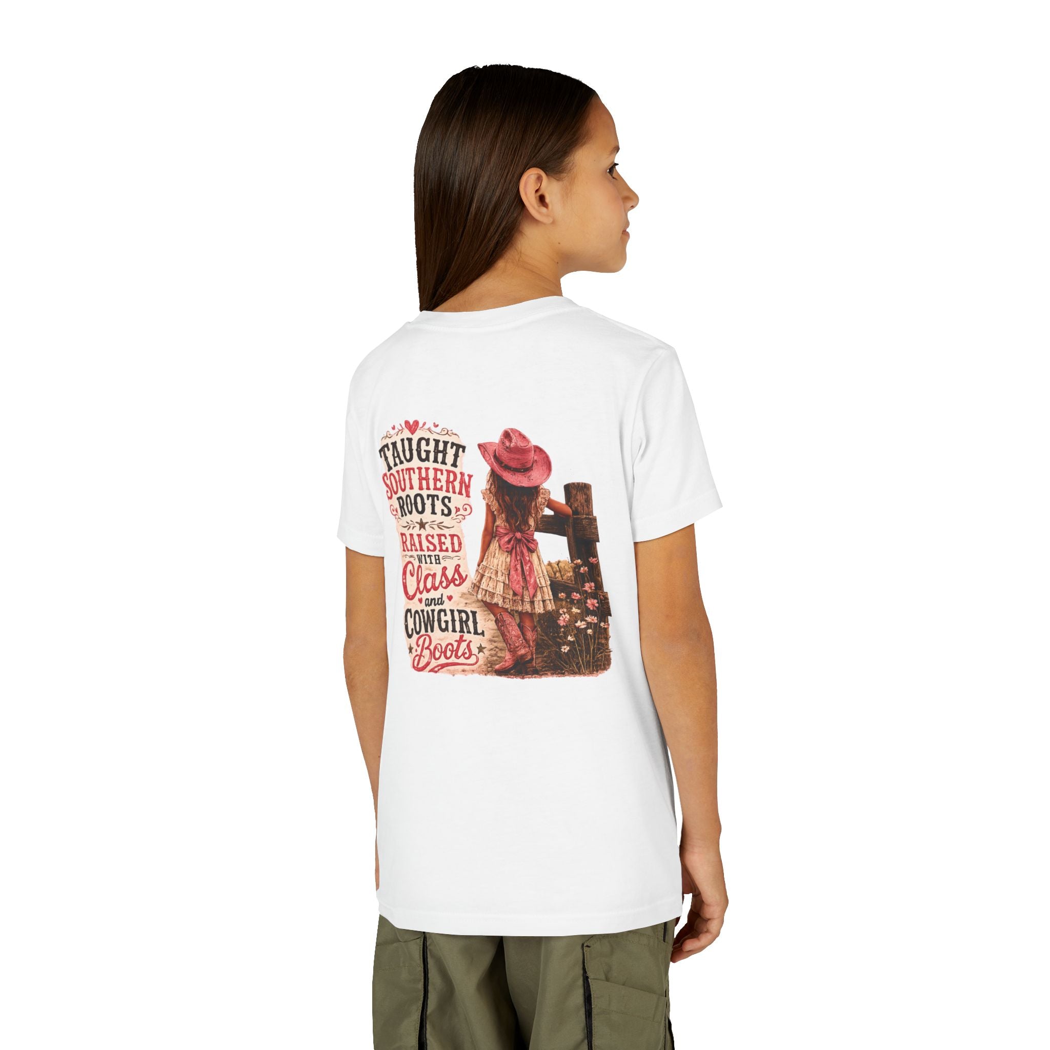 “Taught Southern Roots, Raised with Class and Cowgirl Boots” T-shirt