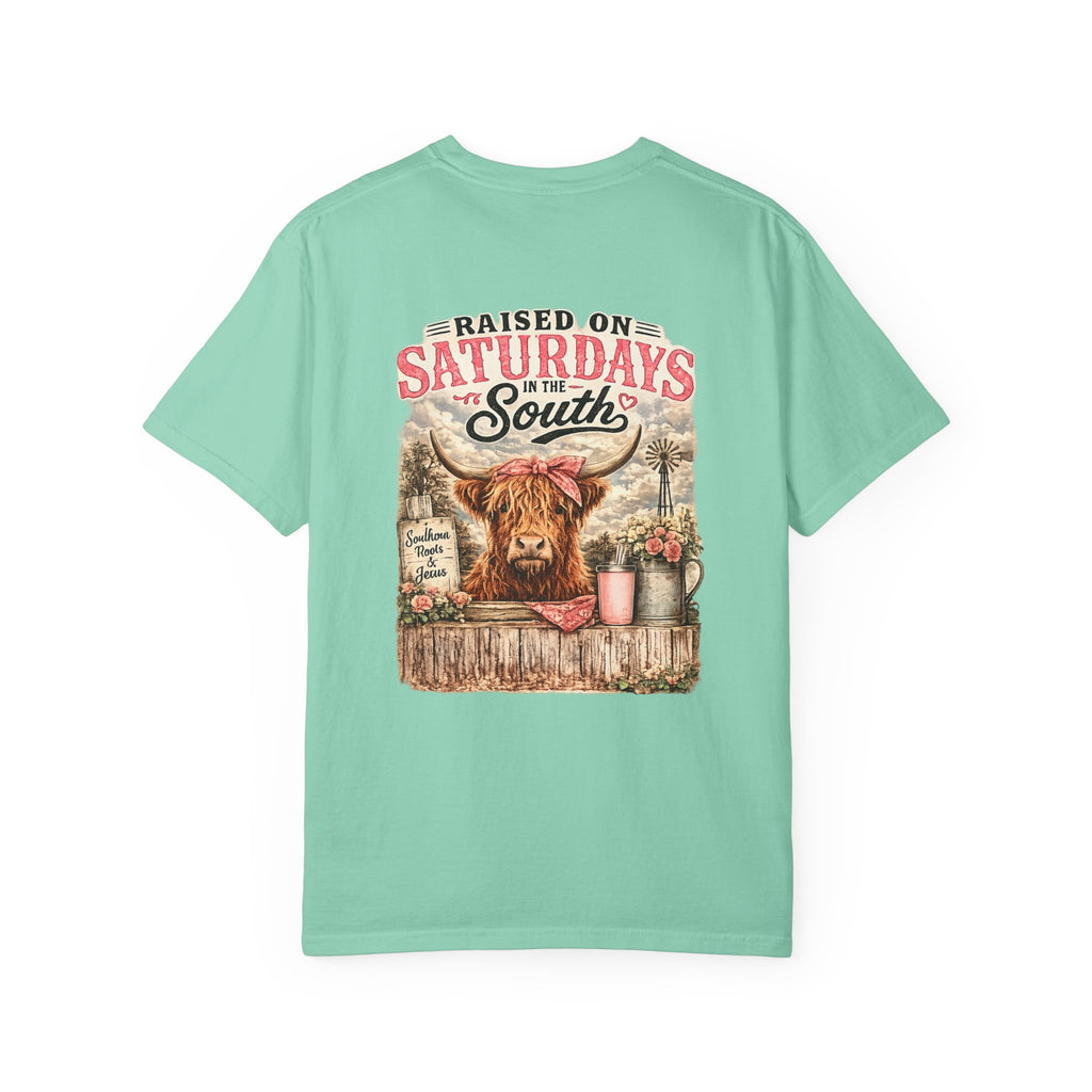 Raised On Saturdays In The South T-Shirt — Rustic Highland Cow