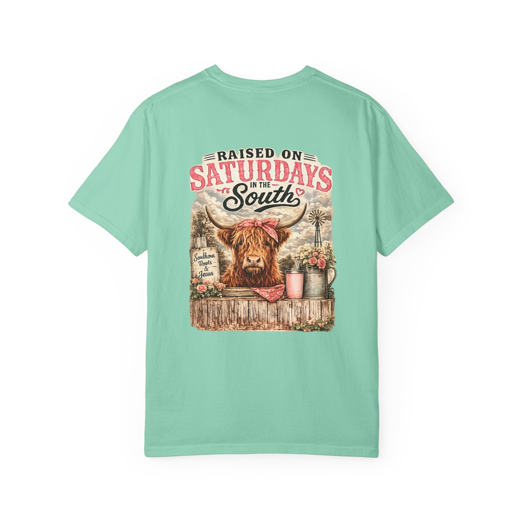 Raised On Saturdays In The South T-Shirt — Rustic Highland Cow