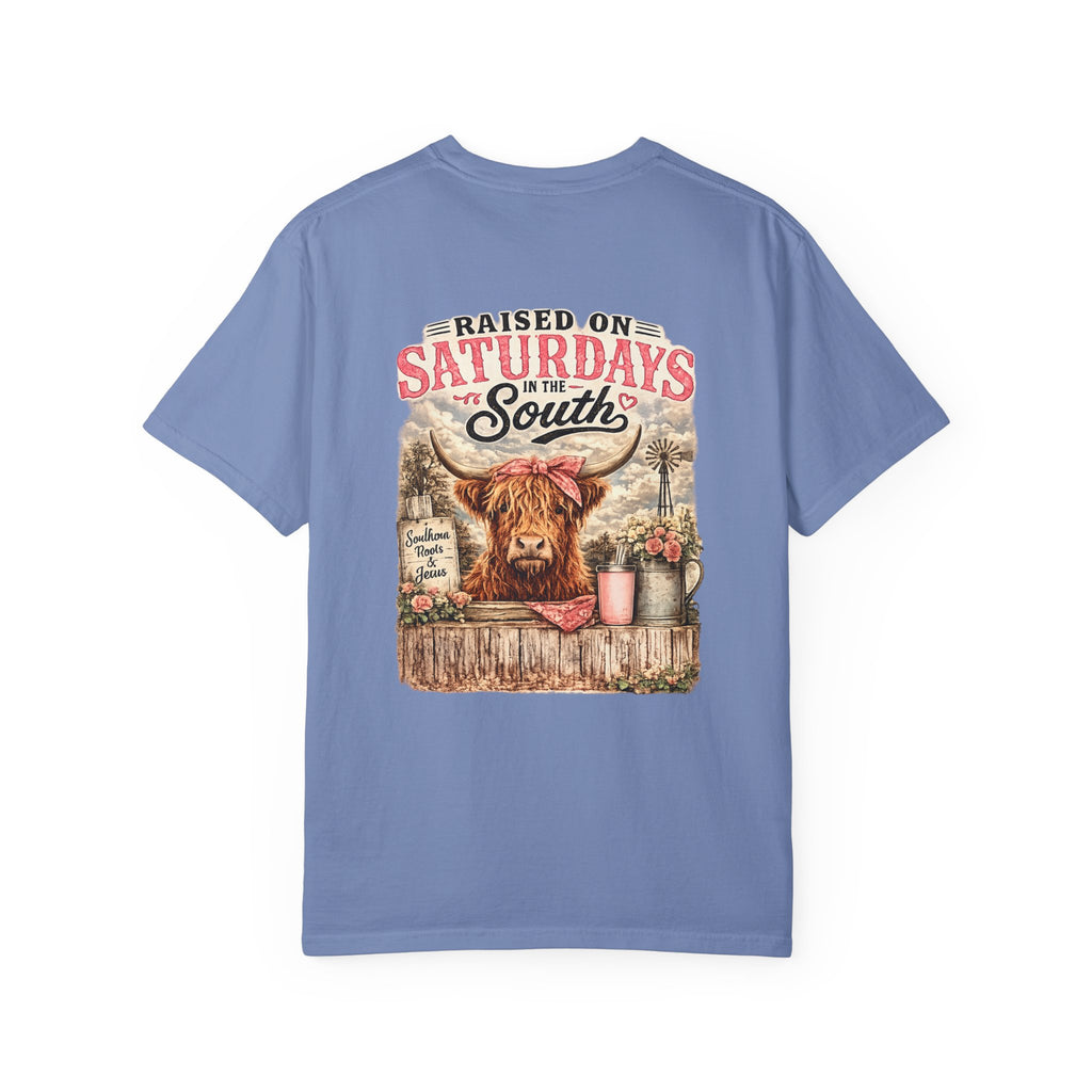 Raised On Saturdays In The South T-Shirt — Rustic Highland Cow