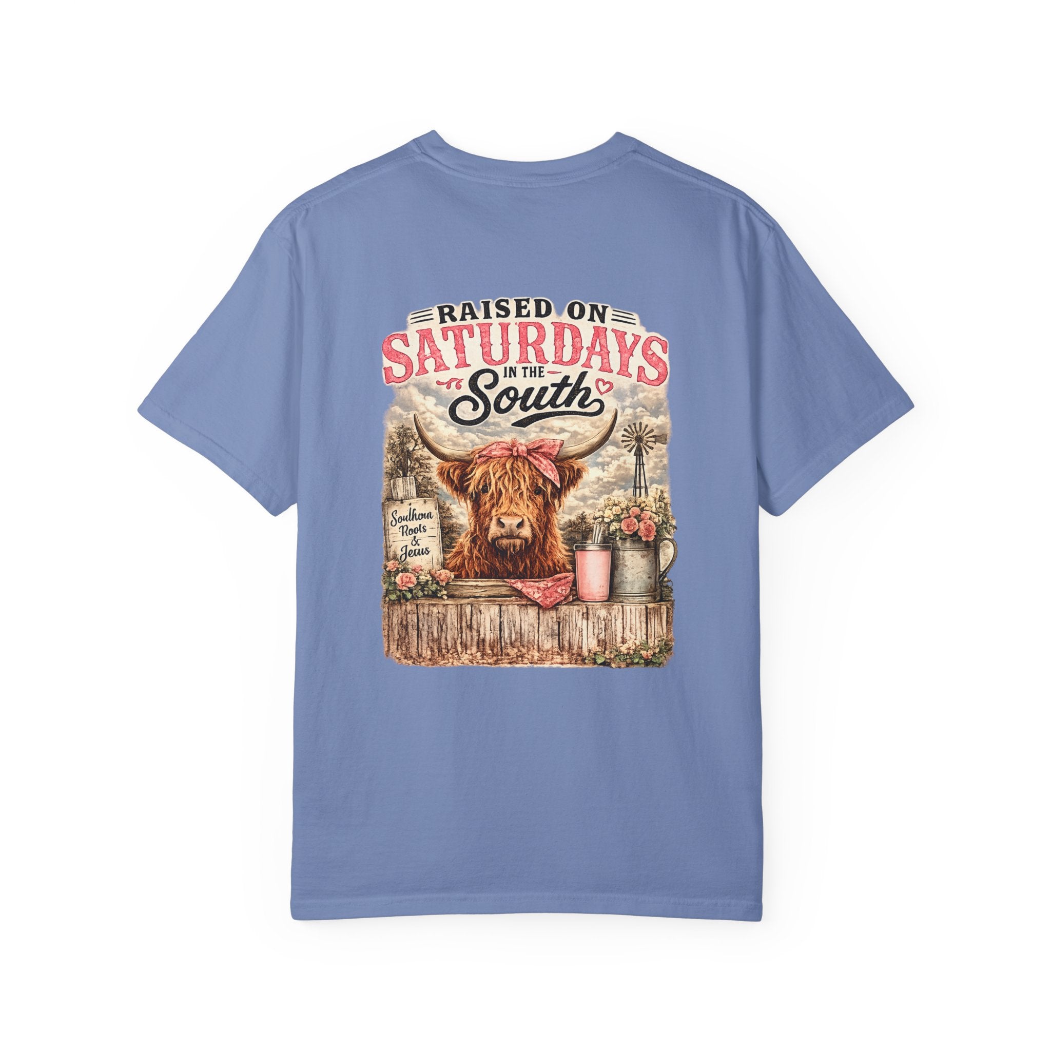 Raised On Saturdays In The South T-Shirt — Rustic Highland Cow