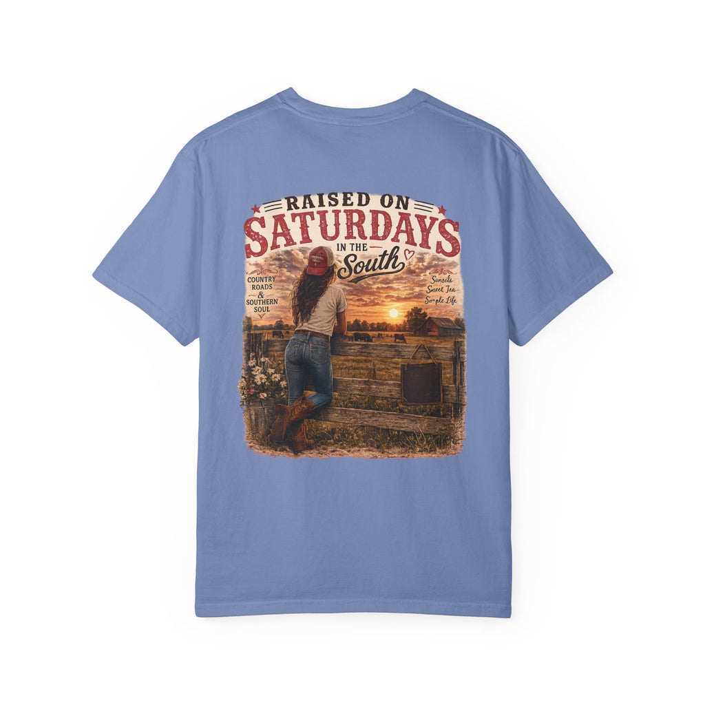 Raised On Saturdays In The South T-Shirt — Country Farm Girl Sunset