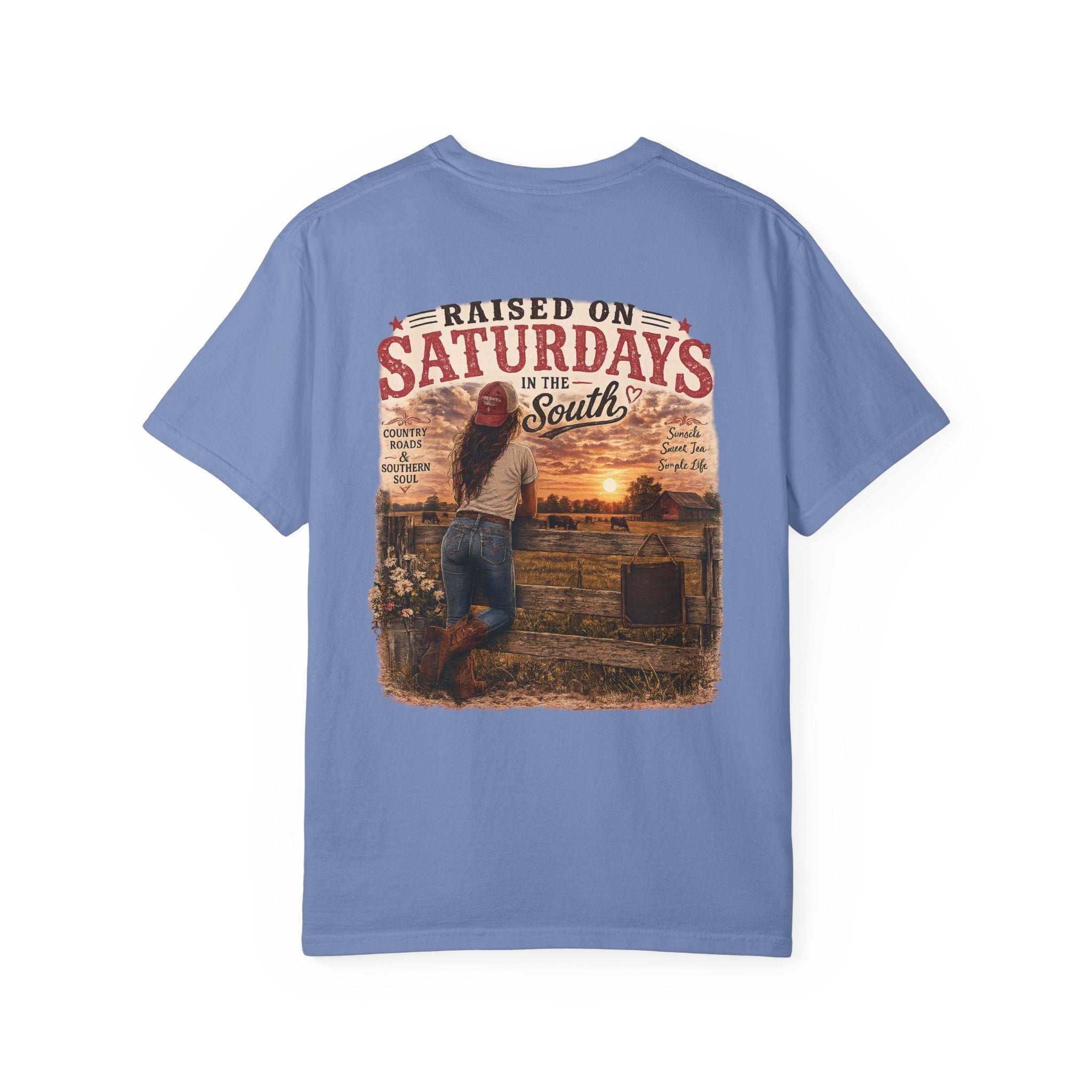 Raised On Saturdays In The South T-Shirt — Country Farm Girl Sunset