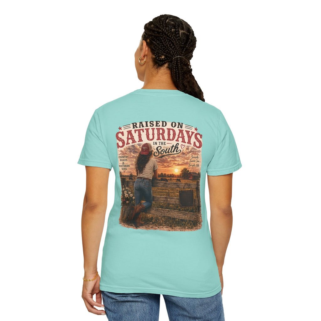 Raised On Saturdays In The South T-Shirt — Country Farm Girl Sunset