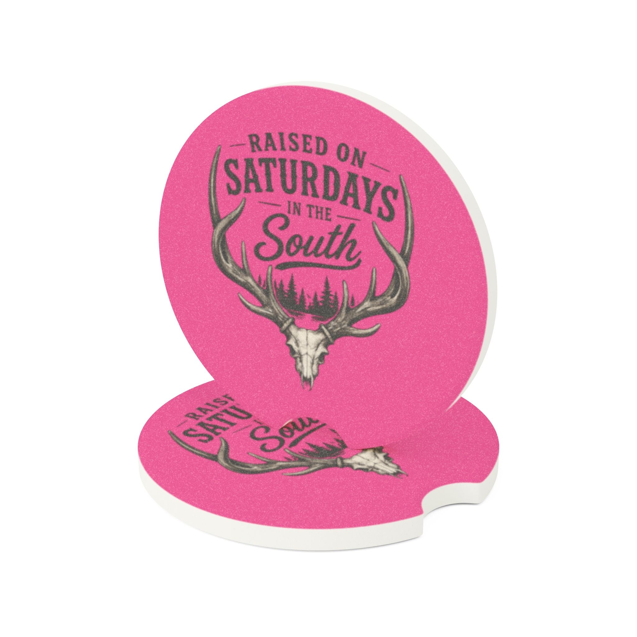 Raised On Saturdays In The South Soapstone Car Coaster — Pink Deer Skull Car Cup Holder Coaster