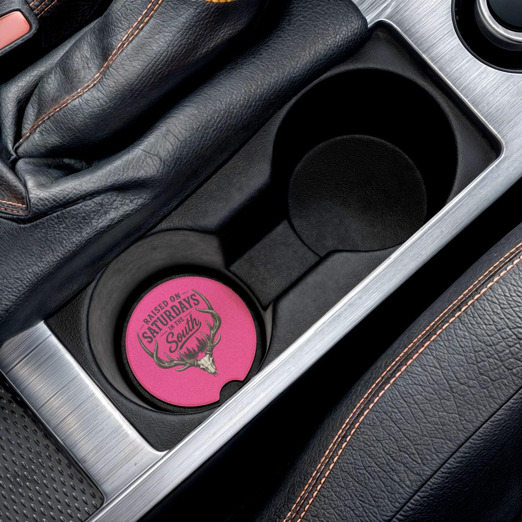 Raised On Saturdays In The South Soapstone Car Coaster — Pink Deer Skull Car Cup Holder Coaster