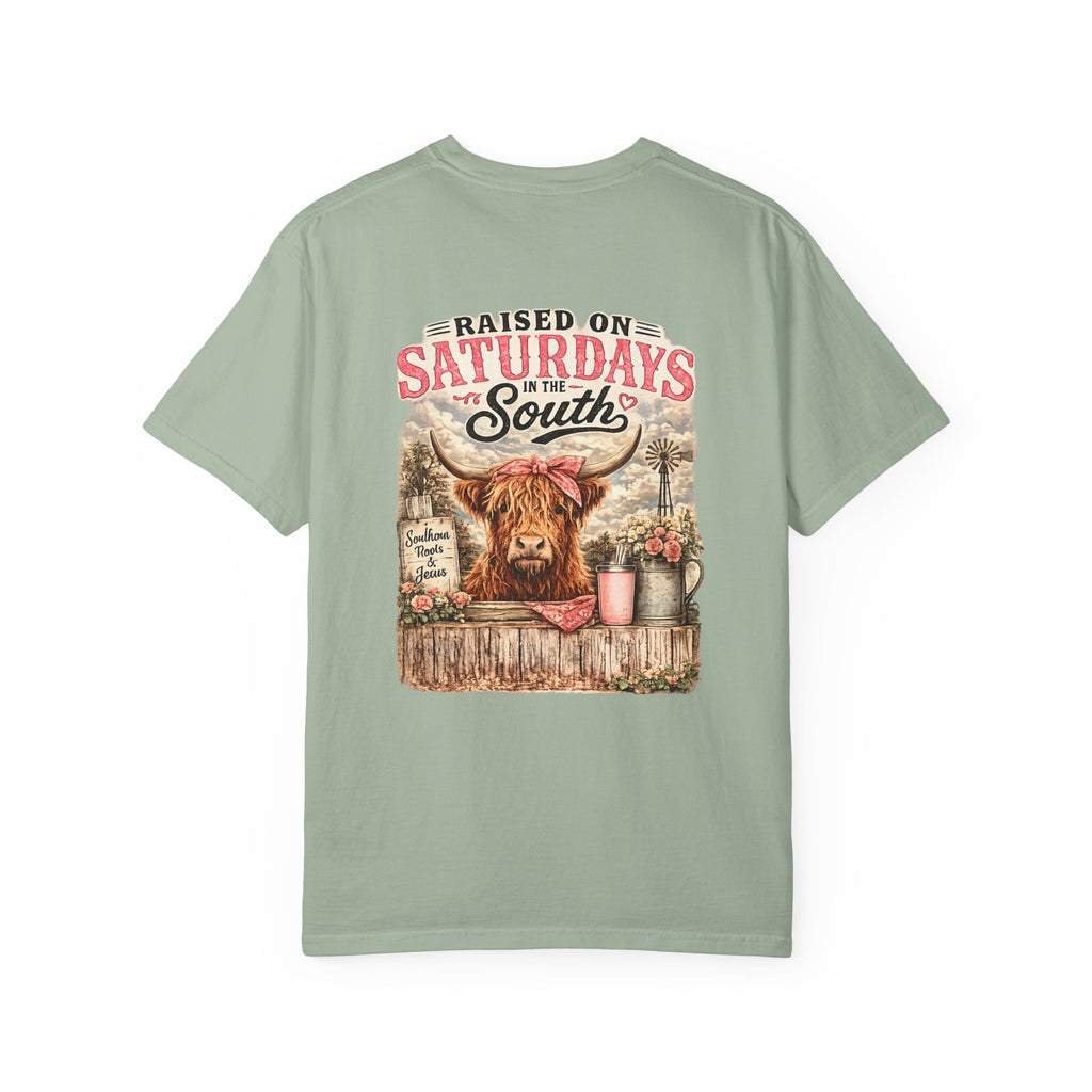 Raised On Saturdays In The South T-Shirt — Rustic Highland Cow
