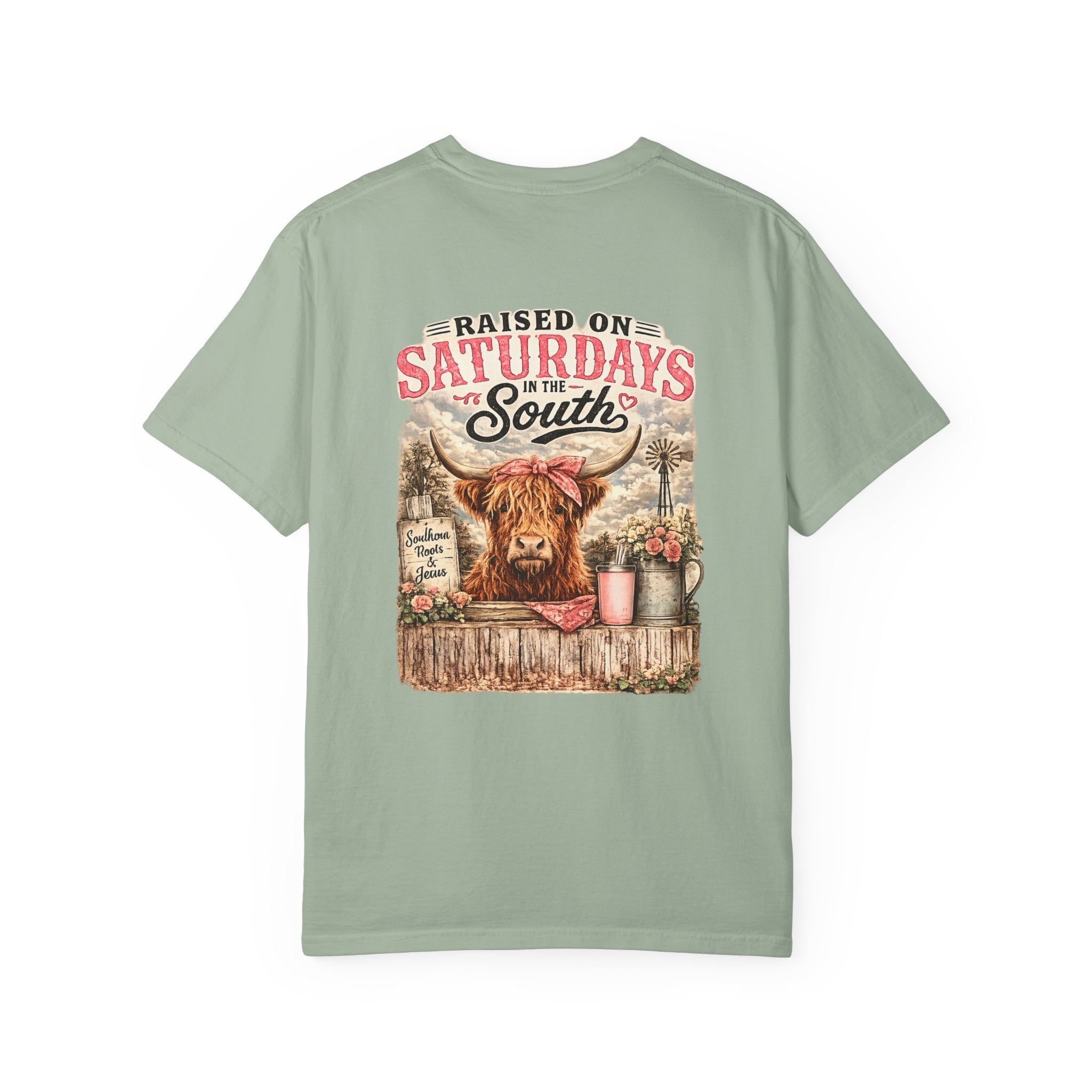 Raised On Saturdays In The South T-Shirt — Rustic Highland Cow