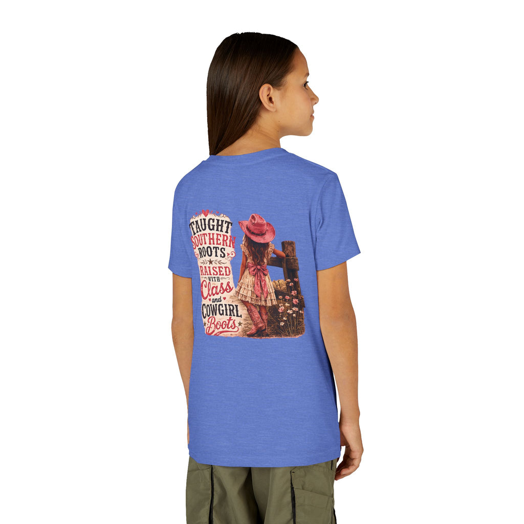 “Taught Southern Roots, Raised with Class and Cowgirl Boots” T-shirt