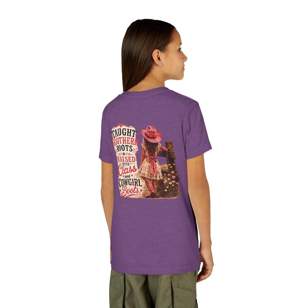 “Taught Southern Roots, Raised with Class and Cowgirl Boots” T-shirt