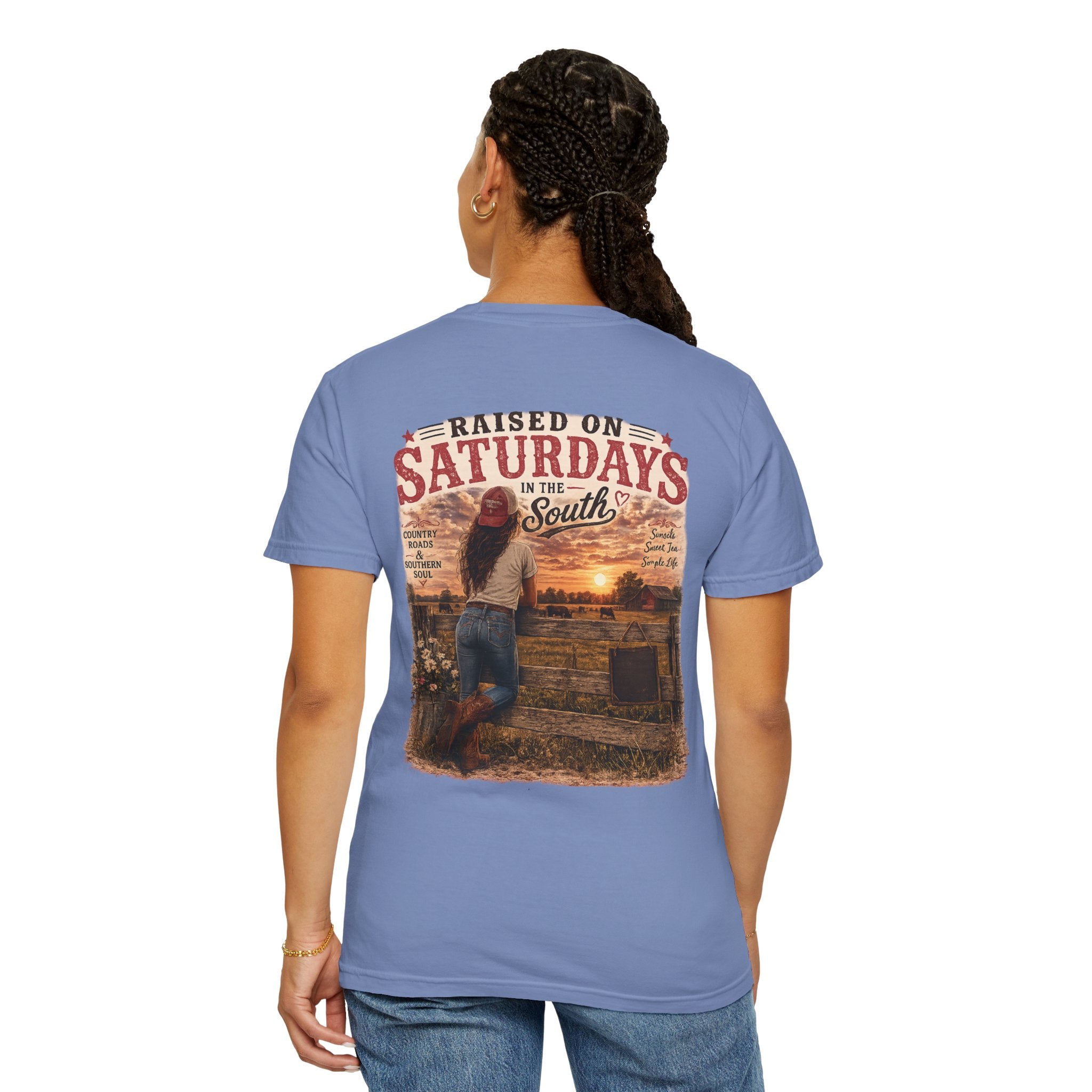 Raised On Saturdays In The South T-Shirt — Country Farm Girl Sunset