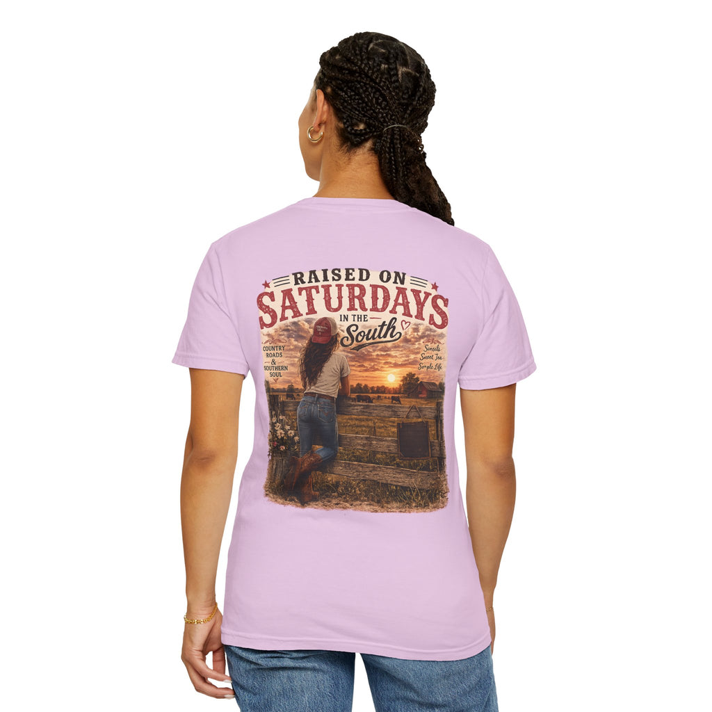Raised On Saturdays In The South T-Shirt — Country Farm Girl Sunset
