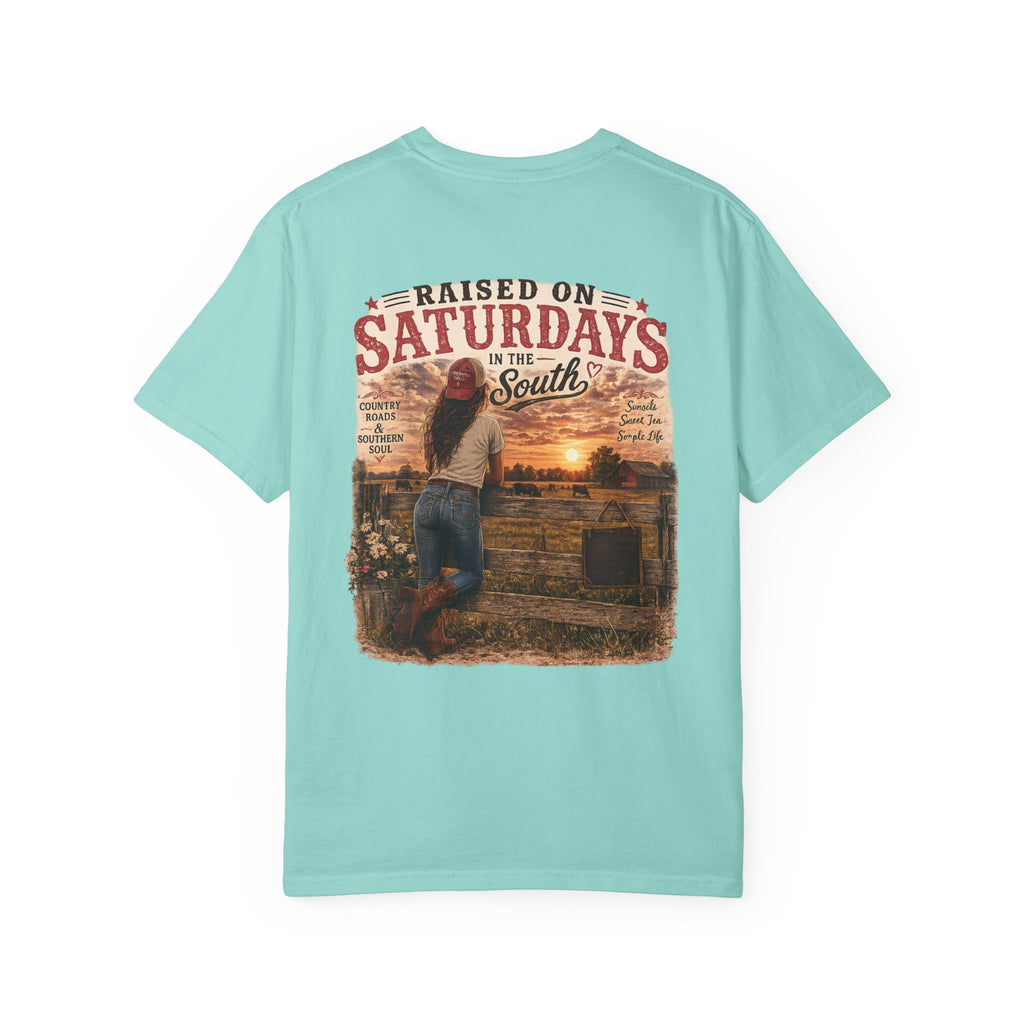 Raised On Saturdays In The South T-Shirt — Country Farm Girl Sunset