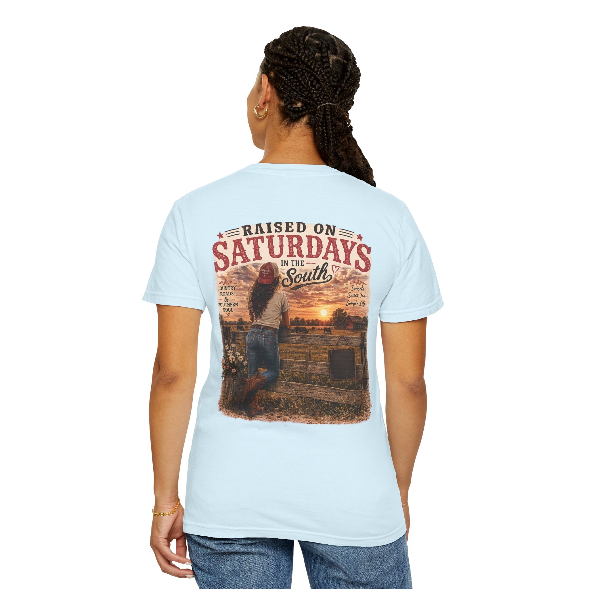 Raised On Saturdays In The South T-Shirt — Country Farm Girl Sunset