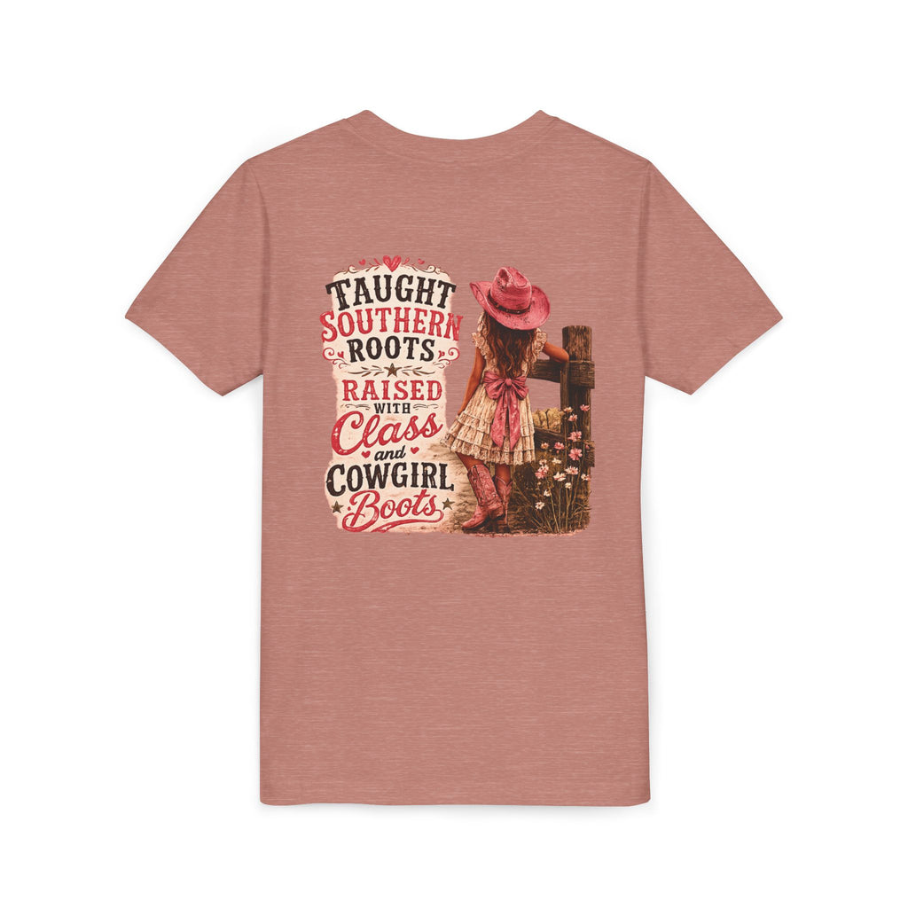 “Taught Southern Roots, Raised with Class and Cowgirl Boots” T-shirt