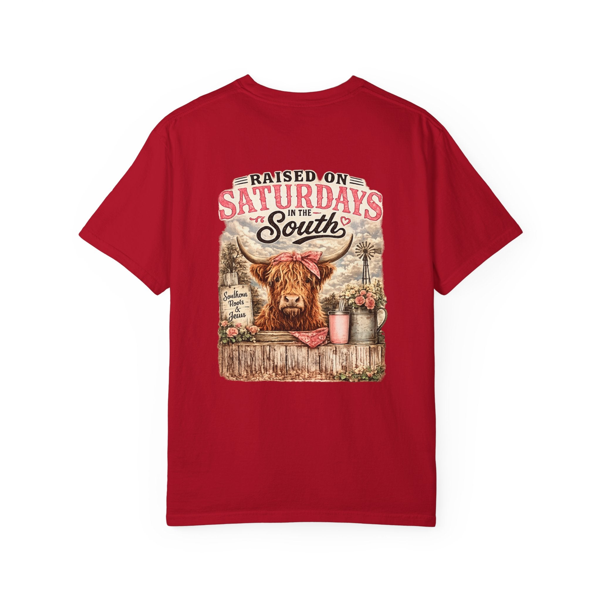 Raised On Saturdays In The South T-Shirt — Rustic Highland Cow