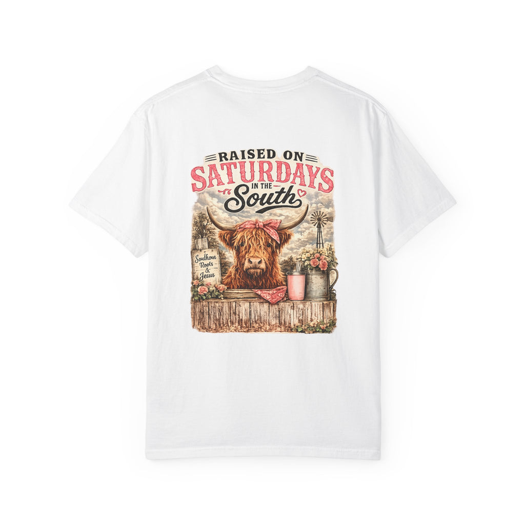 Raised On Saturdays In The South T-Shirt — Rustic Highland Cow