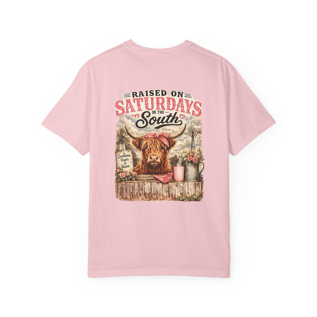 Raised On Saturdays In The South T-Shirt — Rustic Highland Cow