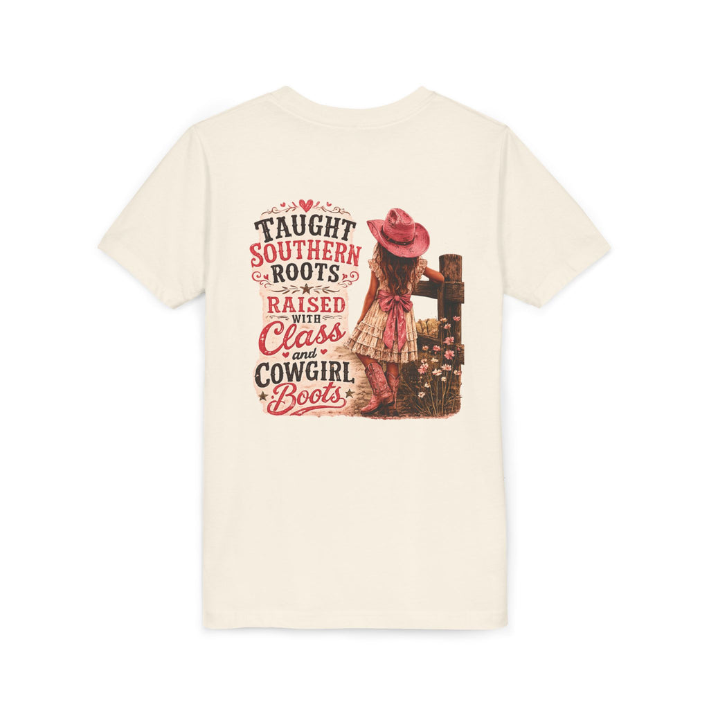 “Taught Southern Roots, Raised with Class and Cowgirl Boots” T-shirt