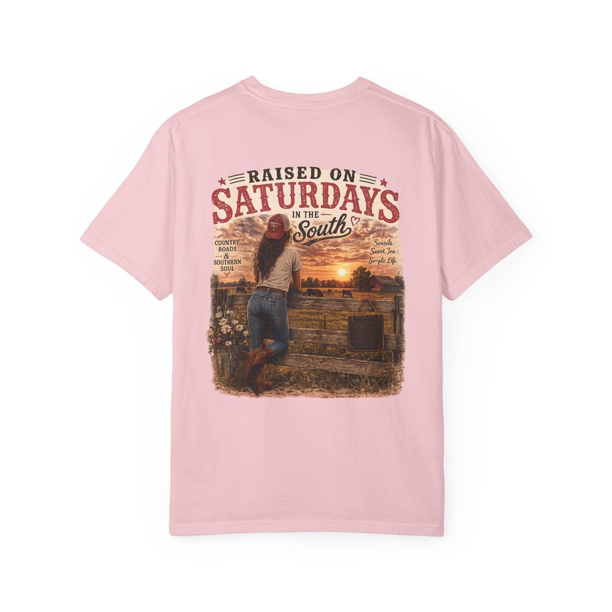 Raised On Saturdays In The South T-Shirt — Country Farm Girl Sunset