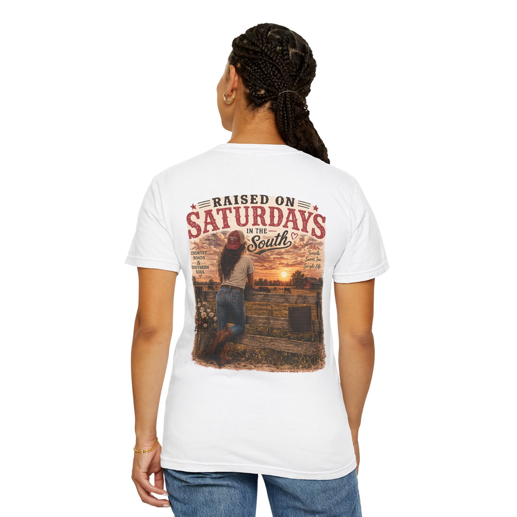 Raised On Saturdays In The South T-Shirt — Country Farm Girl Sunset