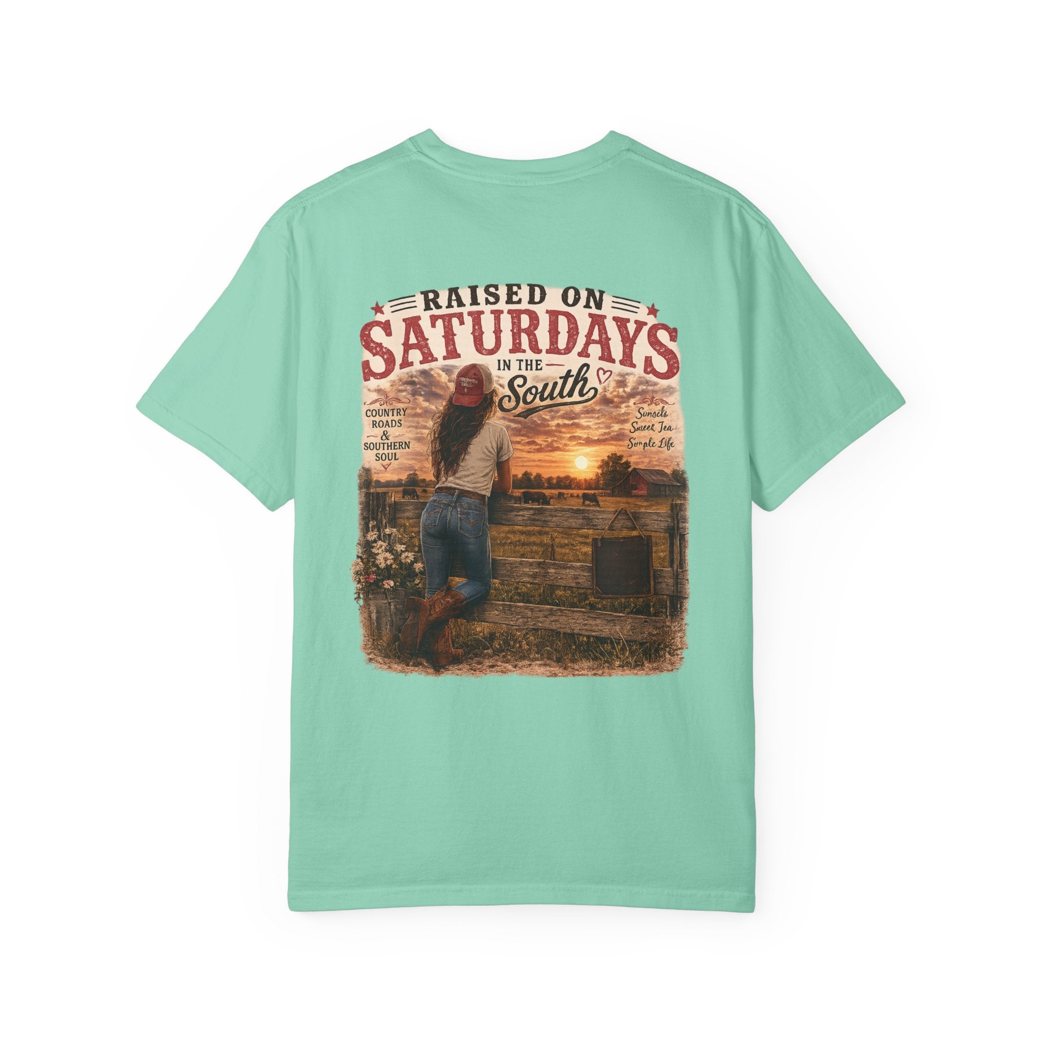 Raised On Saturdays In The South T-Shirt — Country Farm Girl Sunset