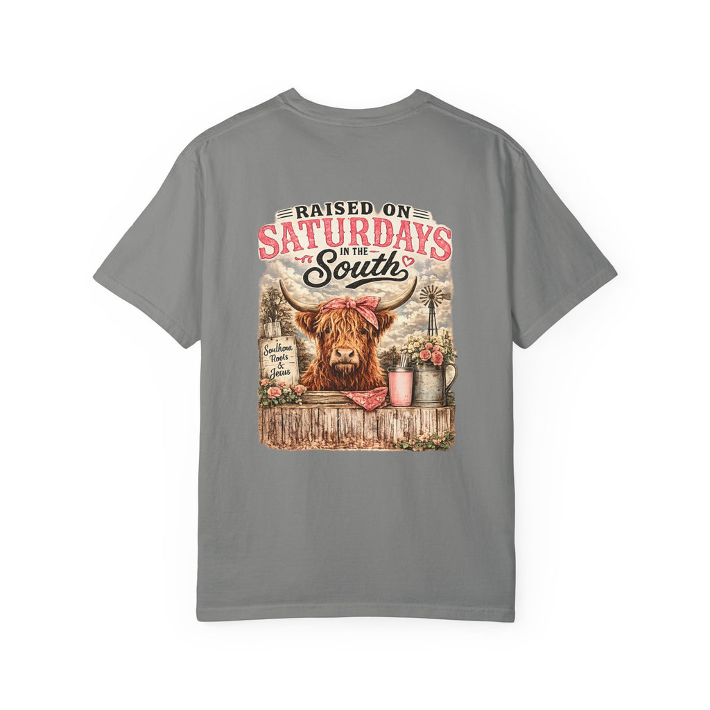 Raised On Saturdays In The South T-Shirt — Rustic Highland Cow