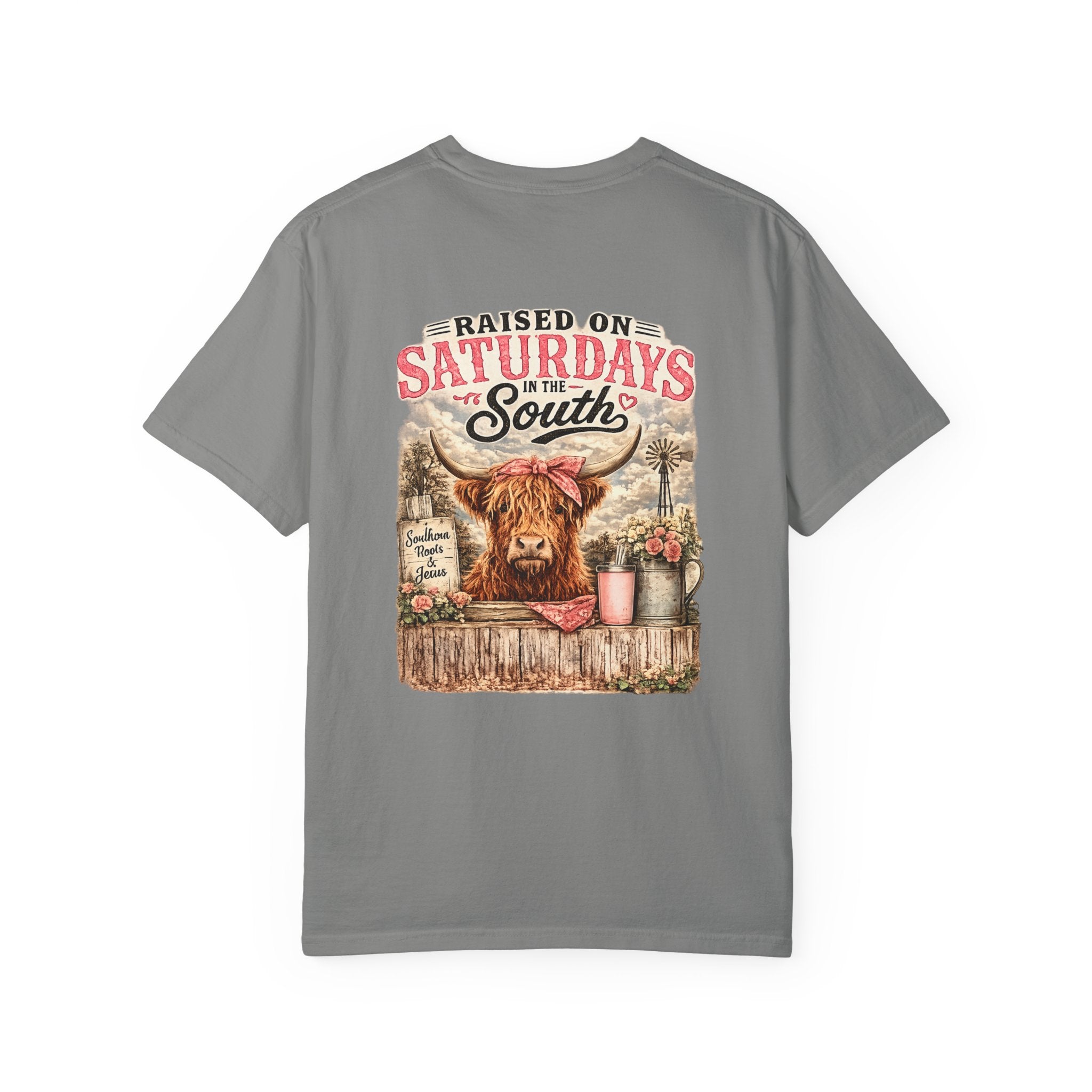 Raised On Saturdays In The South T-Shirt — Rustic Highland Cow