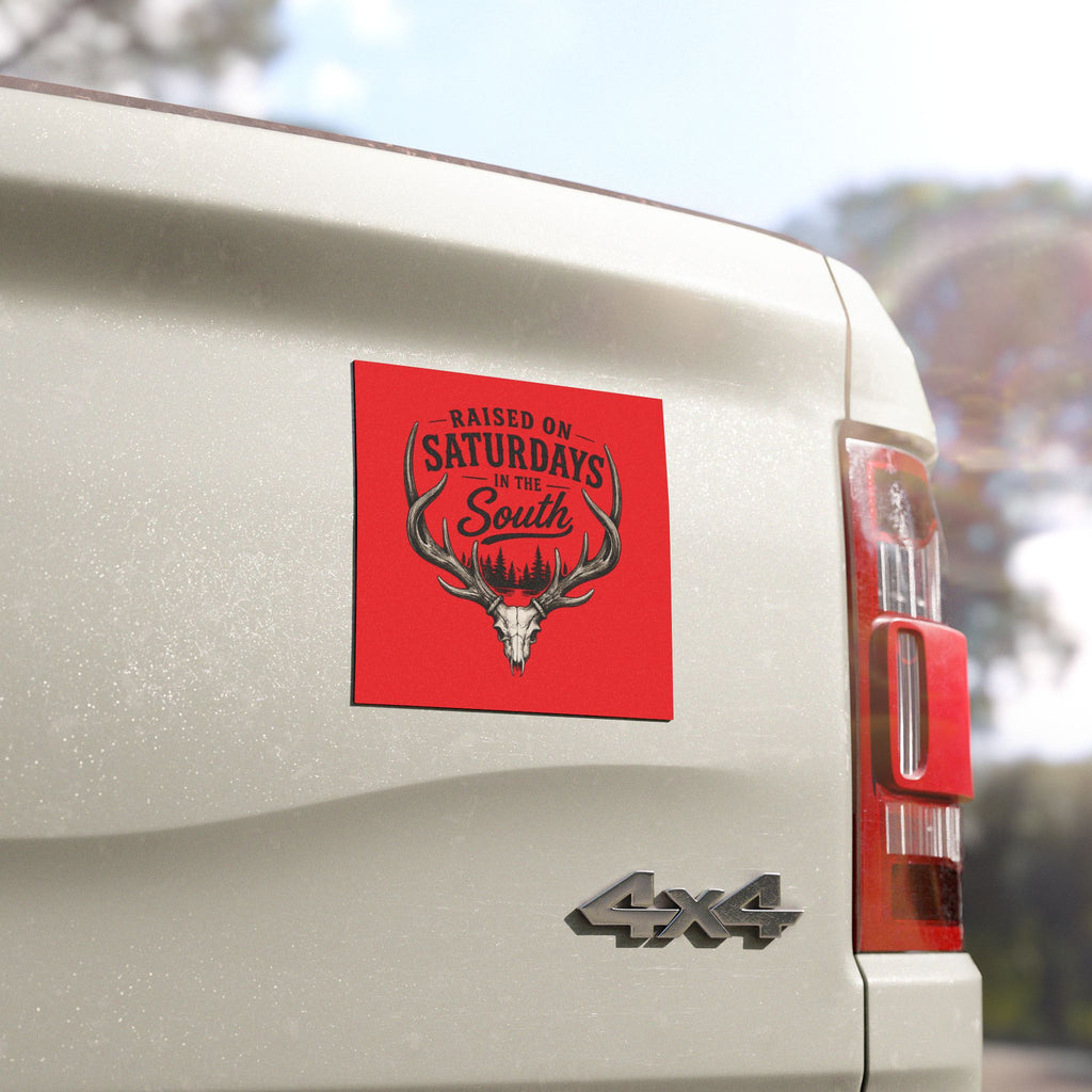 Raised On Saturdays In The South Car Magnet-(red)