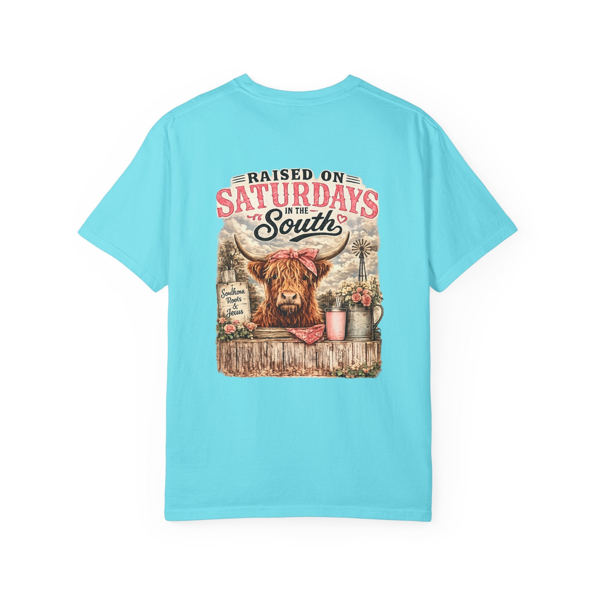 Raised On Saturdays In The South T-Shirt — Rustic Highland Cow