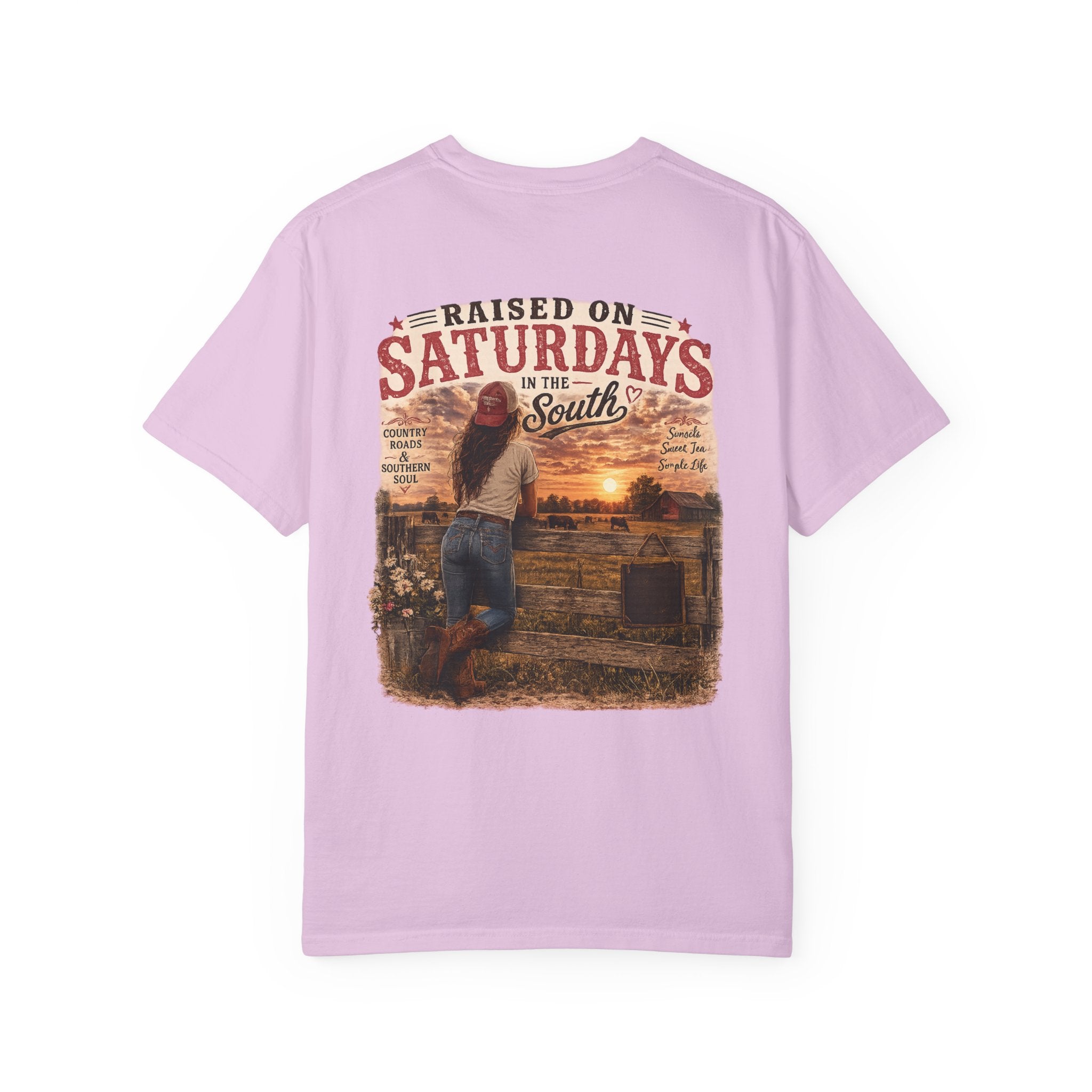 Raised On Saturdays In The South T-Shirt — Country Farm Girl Sunset