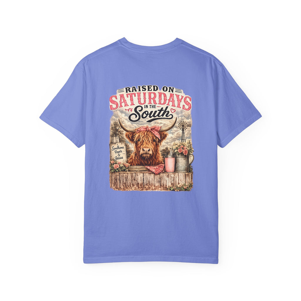 Raised On Saturdays In The South T-Shirt — Rustic Highland Cow