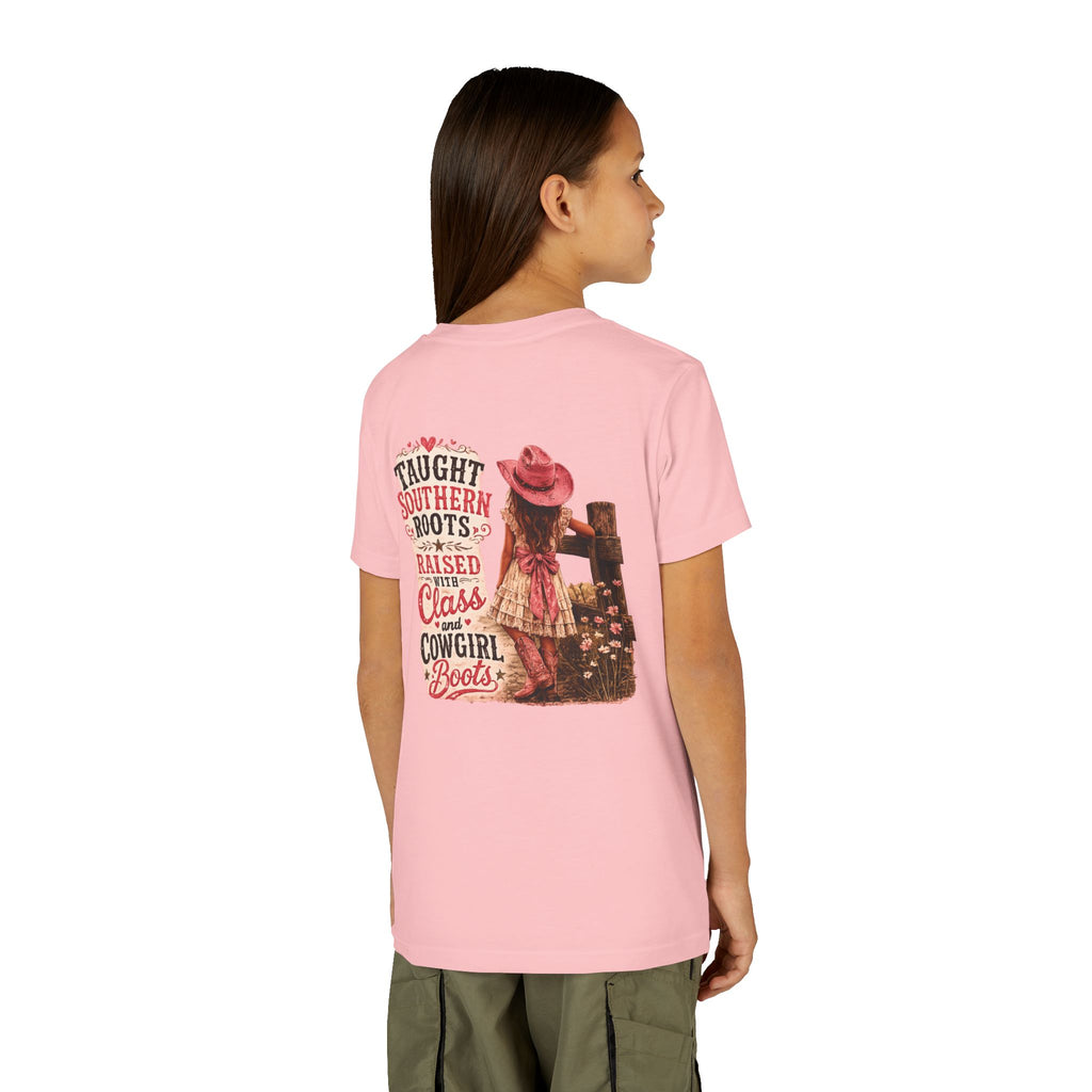 “Taught Southern Roots, Raised with Class and Cowgirl Boots” T-shirt