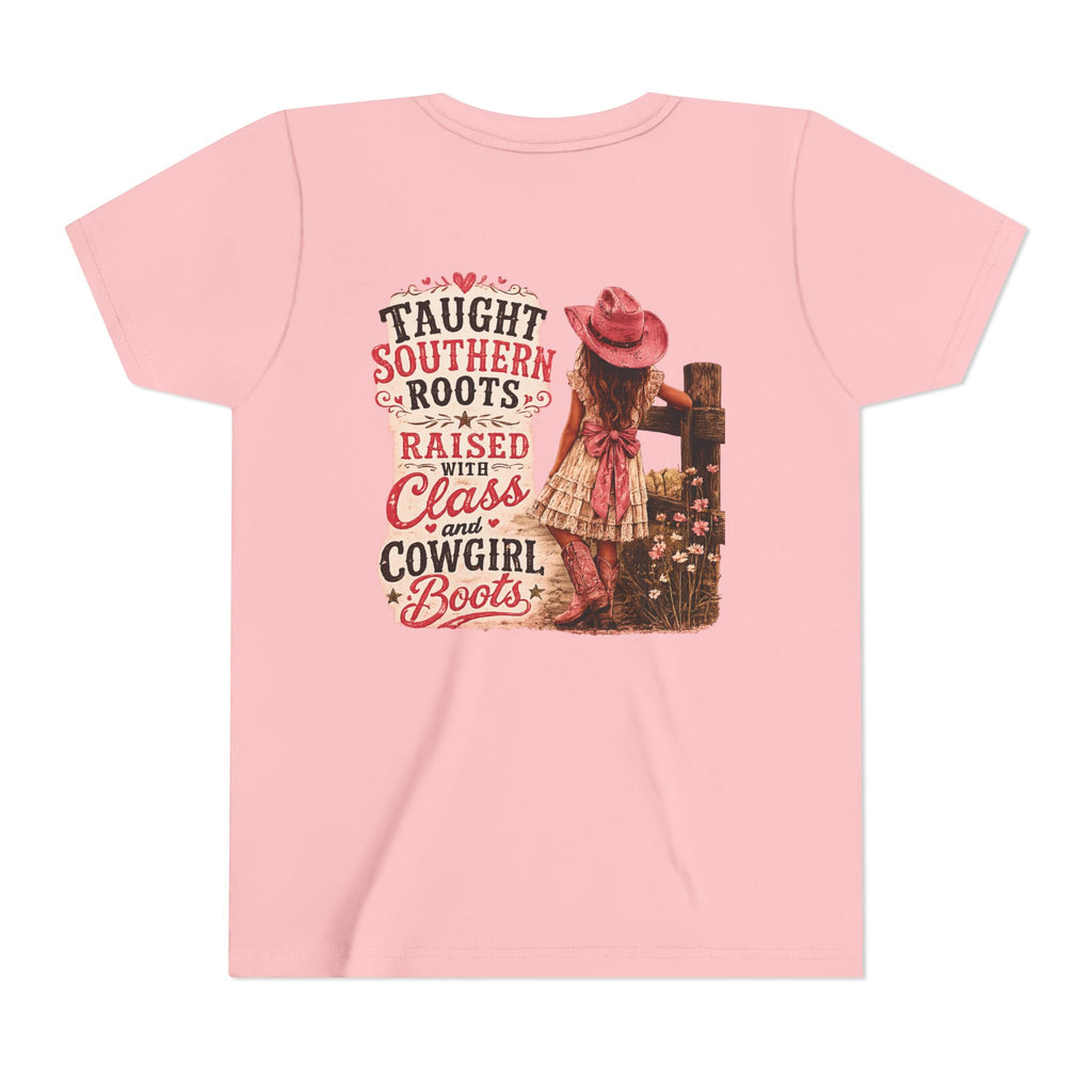 “Taught Southern Roots, Raised with Class and Cowgirl Boots” T-shirt